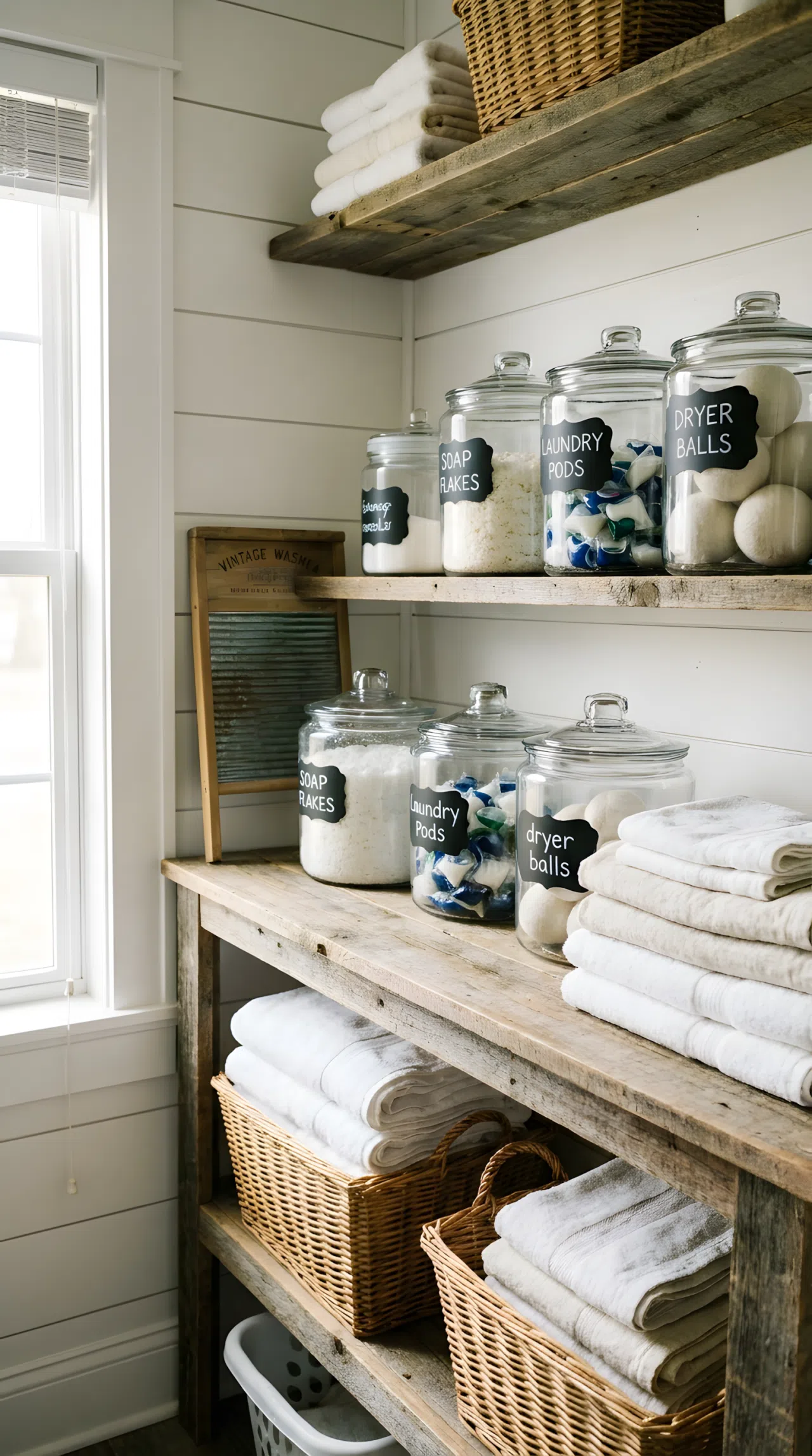 A neatly made farmhouse laundry room shelf with clear glass jars and chalkboard labels beautifully arranged, folded towels organized nearby, bright natural light filling the space, clean and vibrant real-life photography, no people, no text.