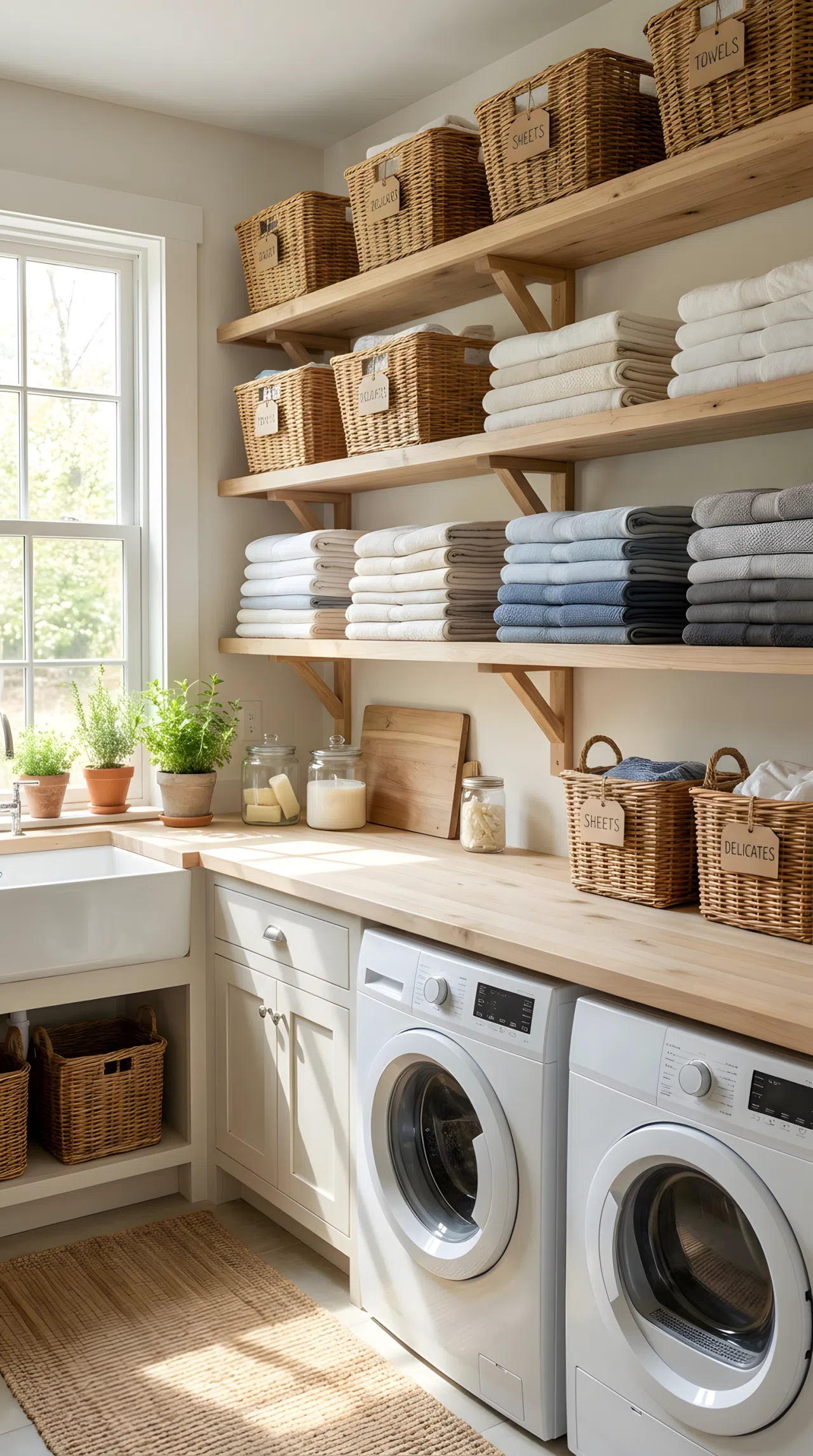 A neatly made farmhouse laundry room with open wood shelving, wicker baskets beautifully arranged and labeled, folded linens organized by color, clean countertop below, bright natural light filling the space, vibrant real-life stock photography style, no people, no text.