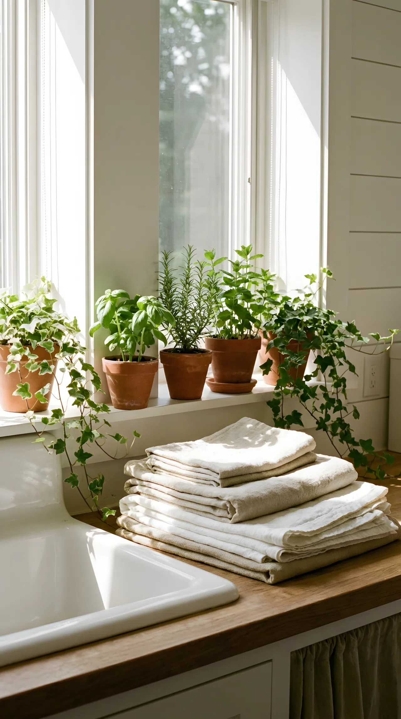 A neatly made farmhouse laundry room windowsill with small potted herbs and trailing greenery beautifully arranged, folded towels stacked nearby, clean white surfaces, bright natural light streaming through the window, vibrant real-life photography style, no people, no text.