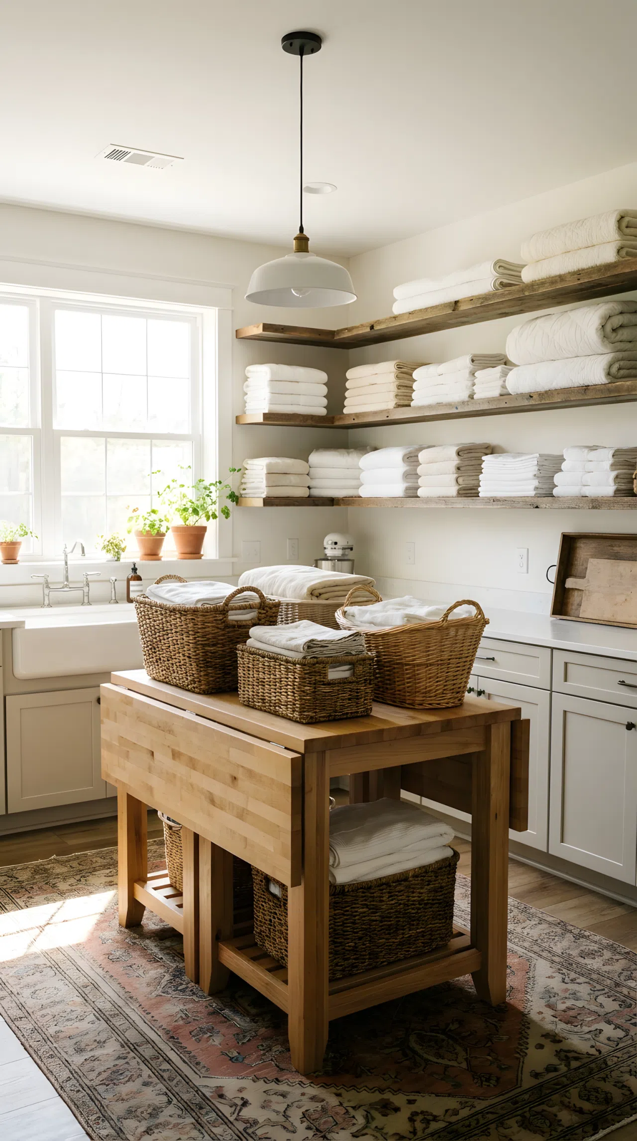 A neatly made large farmhouse laundry room with a central butcher block folding island, laundry baskets beautifully arranged on top, open shelving with folded linens organized nearby, bright natural light filling the room, clean and vibrant real-life stock photography, no people, no text.