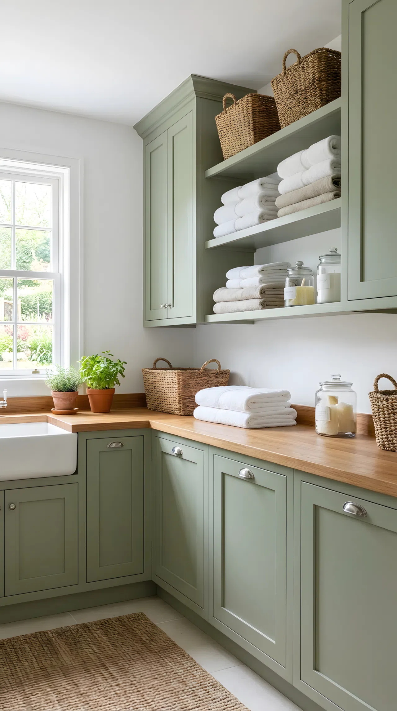 A neatly made farmhouse laundry room with sage green cabinets (RGB 156,175,136) against crisp white walls, folded towels beautifully arranged on open shelving, warm wood countertop, bright natural light through a window, clean and vibrant real-life photography, no people, no text.