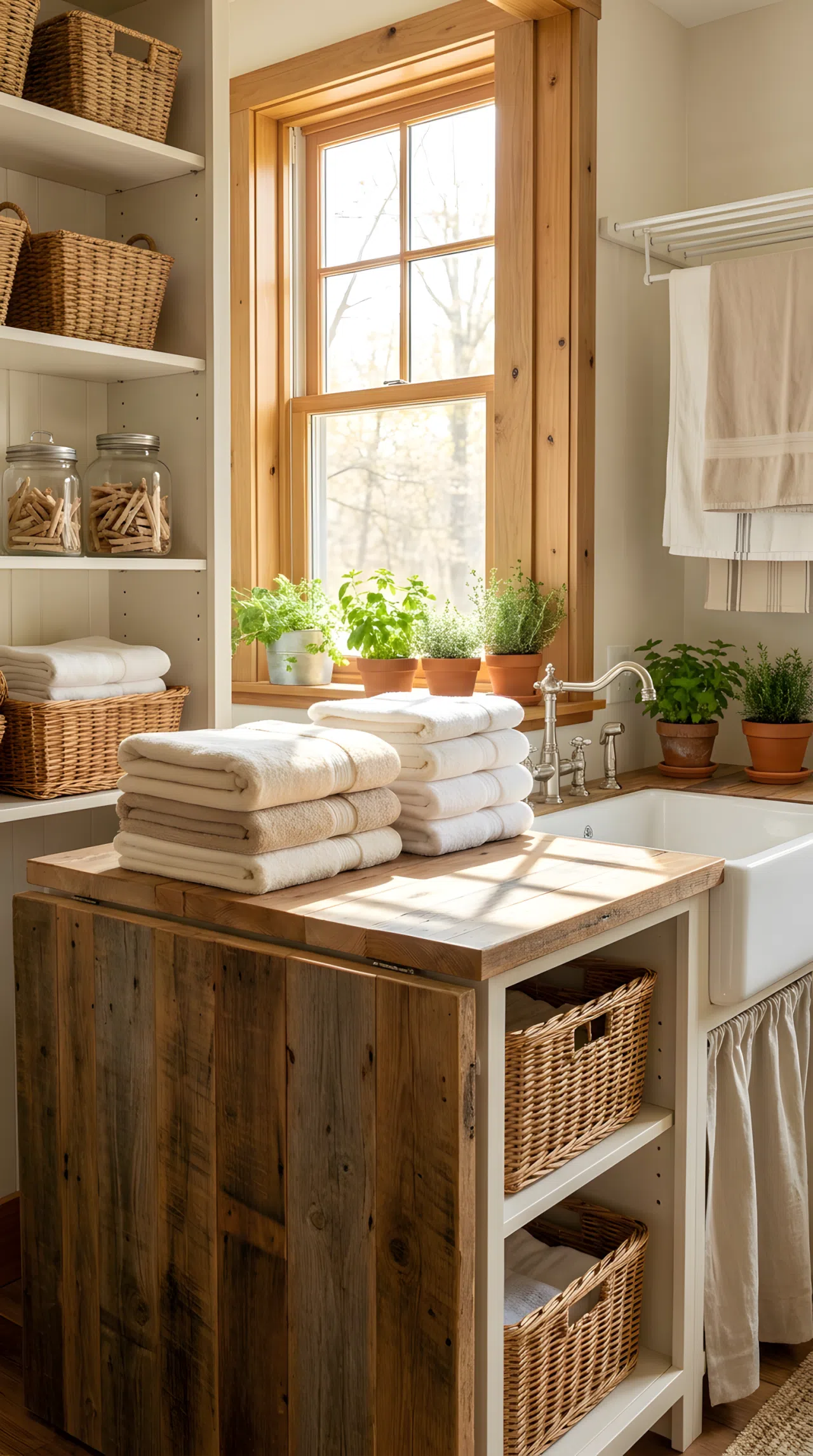 A neatly made farmhouse laundry room with a window positioned directly above the folding counter, warm bright natural light spilling across neatly folded towels beautifully arranged, clean countertop, soft shadows from the window frame, vibrant real-life stock photography style, no people, no text.