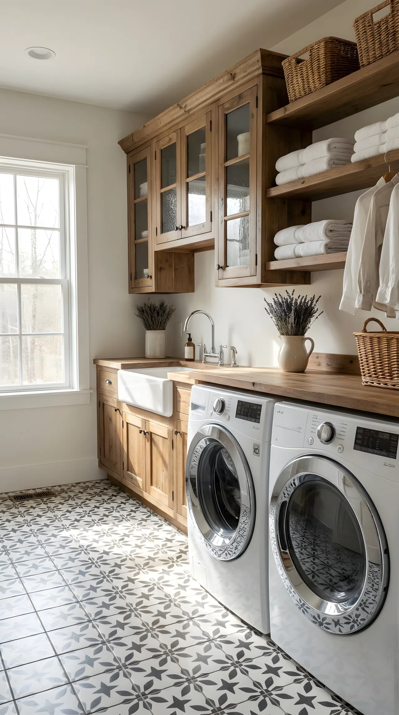 A neatly made farmhouse laundry room with vintage-style black and white patterned tile flooring, wood cabinets beautifully arranged above, folded laundry organized on open shelving, bright natural light across the floor, clean and vibrant real-life photography, no people, no text.