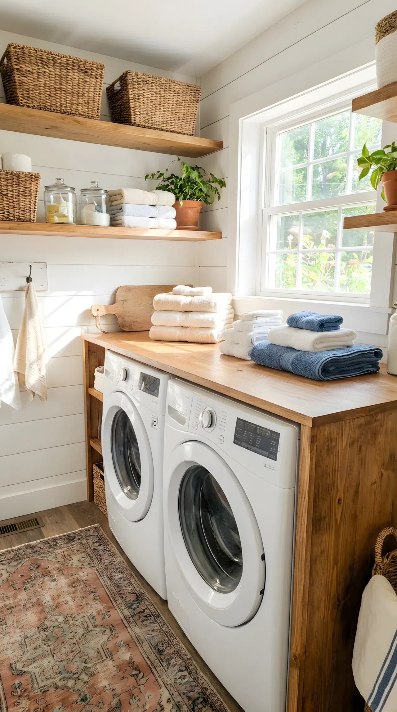 A neatly made farmhouse laundry room with a wood countertop surround built around a washer and dryer, folded towels beautifully arranged on top, open wood shelving above, bright natural light filling the space, clean and vibrant real-life photography, no people, no text.
