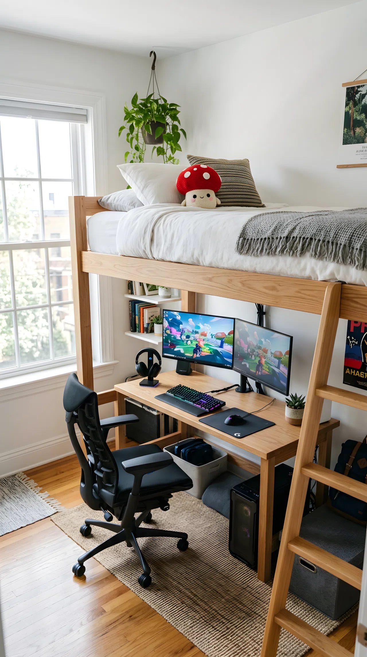 A real-life photo of a neatly made loft bed bedroom with a compact wooden gaming desk built underneath, dual monitor setup, organized cable management, small red mushroom toy plush sitting on the neatly made bed pillow, clean modern decor, bright natural light streaming through a nearby window, beautifully arranged room, shot in stock photography style, no illustration, no 3D render