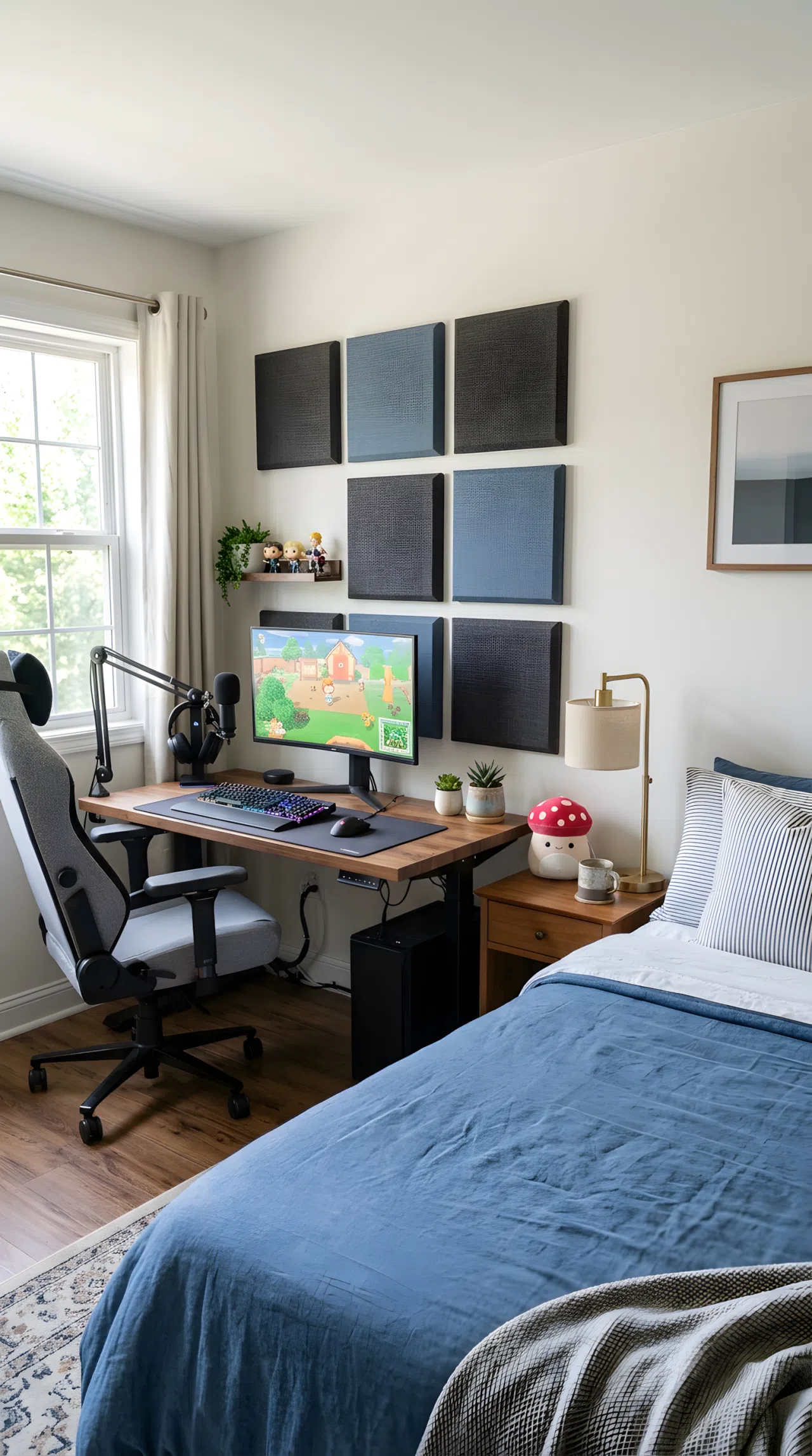 A real-life photo of a gaming bedroom with fabric wrapped acoustic panels mounted behind the desk area, neat and organized room, neatly made bed, small red mushroom toy plush on the nightstand, clean walls, bright natural light, beautifully arranged, real stock photography style, no illustration, no 3D render