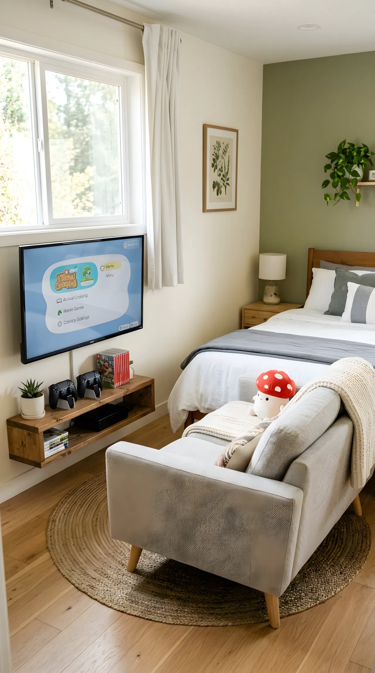 A real-life photo of a bedroom corner with a small two-seater couch facing a wall-mounted TV, controllers organized on a low shelf underneath, neatly made bed visible nearby, small red mushroom toy plush on the couch cushion, bright natural light, beautifully arranged, real stock photography style, no illustration, no 3D render