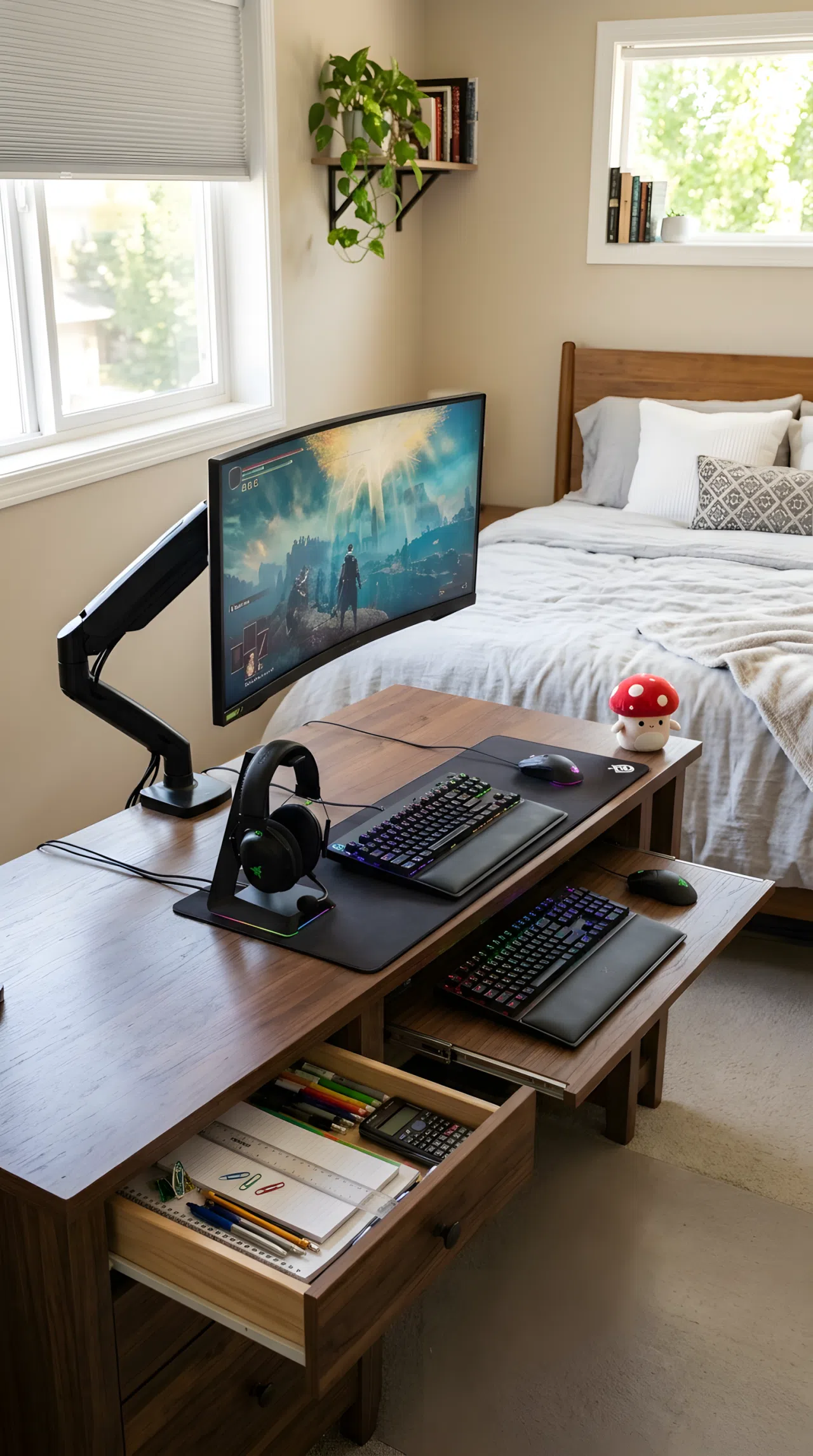 A real-life photo of a wide gaming desk with monitor arm and pull-out keyboard tray, organized drawer for study supplies, gaming keyboard and headset arranged neatly, small red mushroom toy plush on the desk corner, neatly made bed in background, bright natural light, beautifully arranged, real stock photography style, no illustration, no 3D render