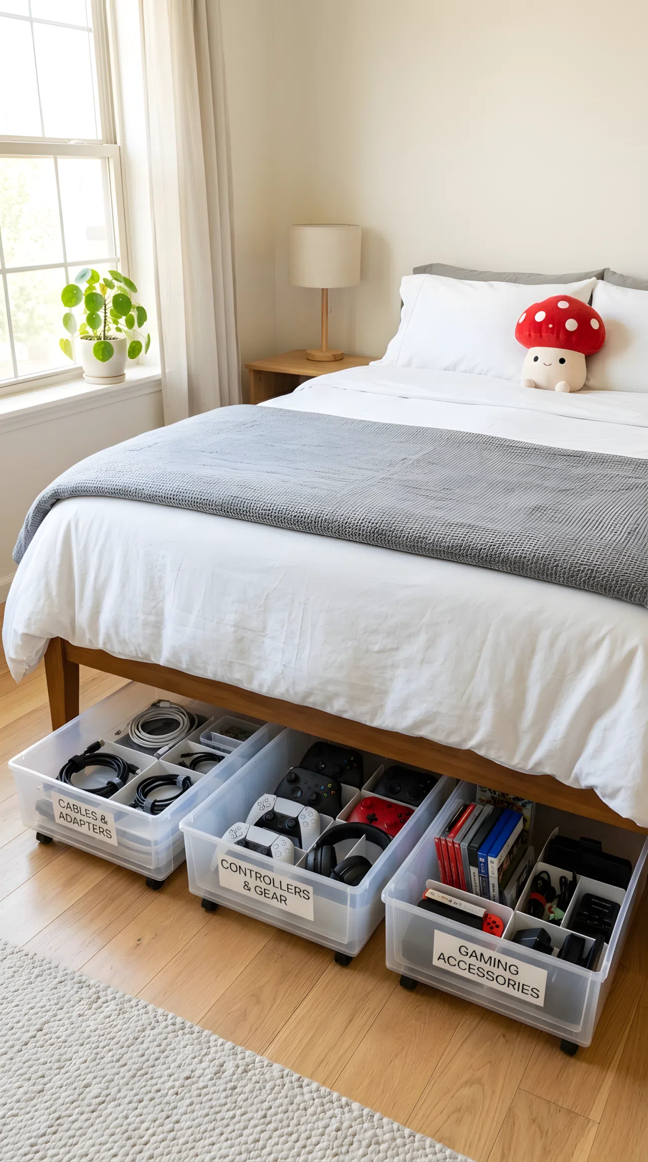 A real-life photo of a neatly made bed with labeled slide-out storage bins visible underneath containing organized gaming accessories and cables, clean bedroom floor, small red mushroom toy plush on the bed pillow, bright natural light, beautifully arranged, real stock photography style, no illustration, no 3D render