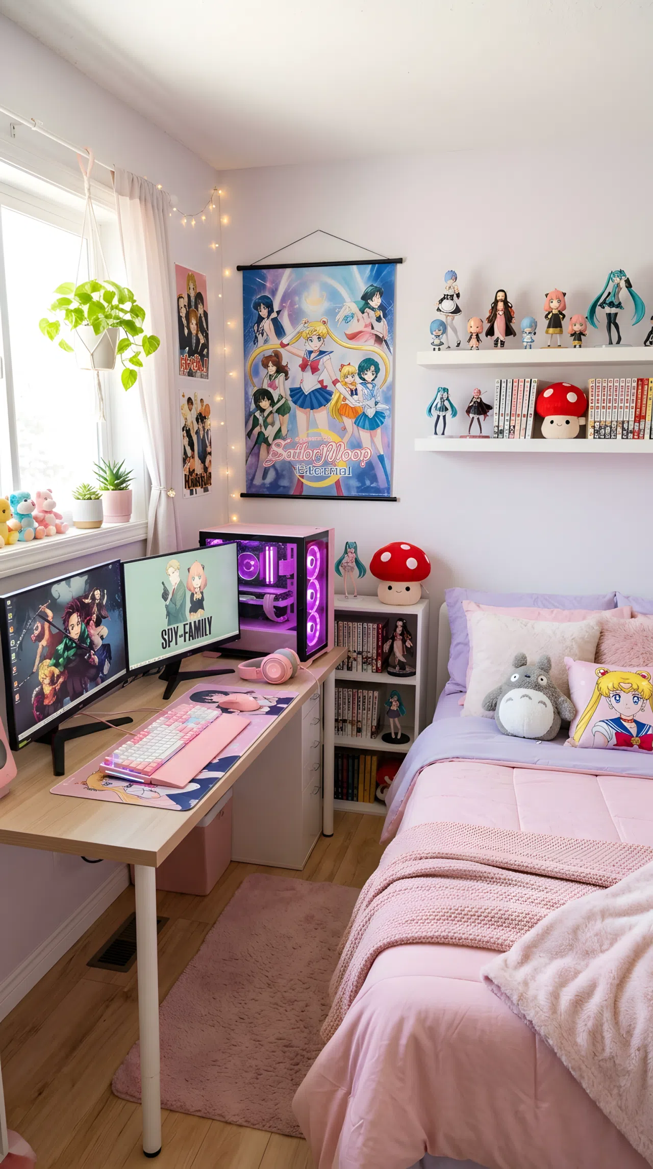 A real-life photo of an anime inspired gaming bedroom with soft pastel pink RGB(255,182,193) and lavender RGB(230,230,250) accents, wall scroll poster, figure display shelf, neatly made bed, small red mushroom toy plush on the shelf, bright natural light, beautifully arranged, real stock photography style, no illustration, no 3D render