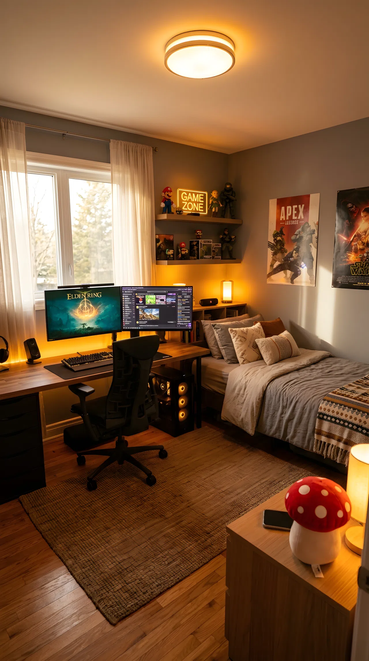 A real-life photo of a gaming bedroom with smart lighting bulbs casting a warm amber glow RGB(255,191,0) across the room, organized desk setup, neatly made bed, small red mushroom toy plush on the nightstand, bright natural light softly blending with the amber tones, beautifully arranged, real stock photography style, no illustration, no 3D render