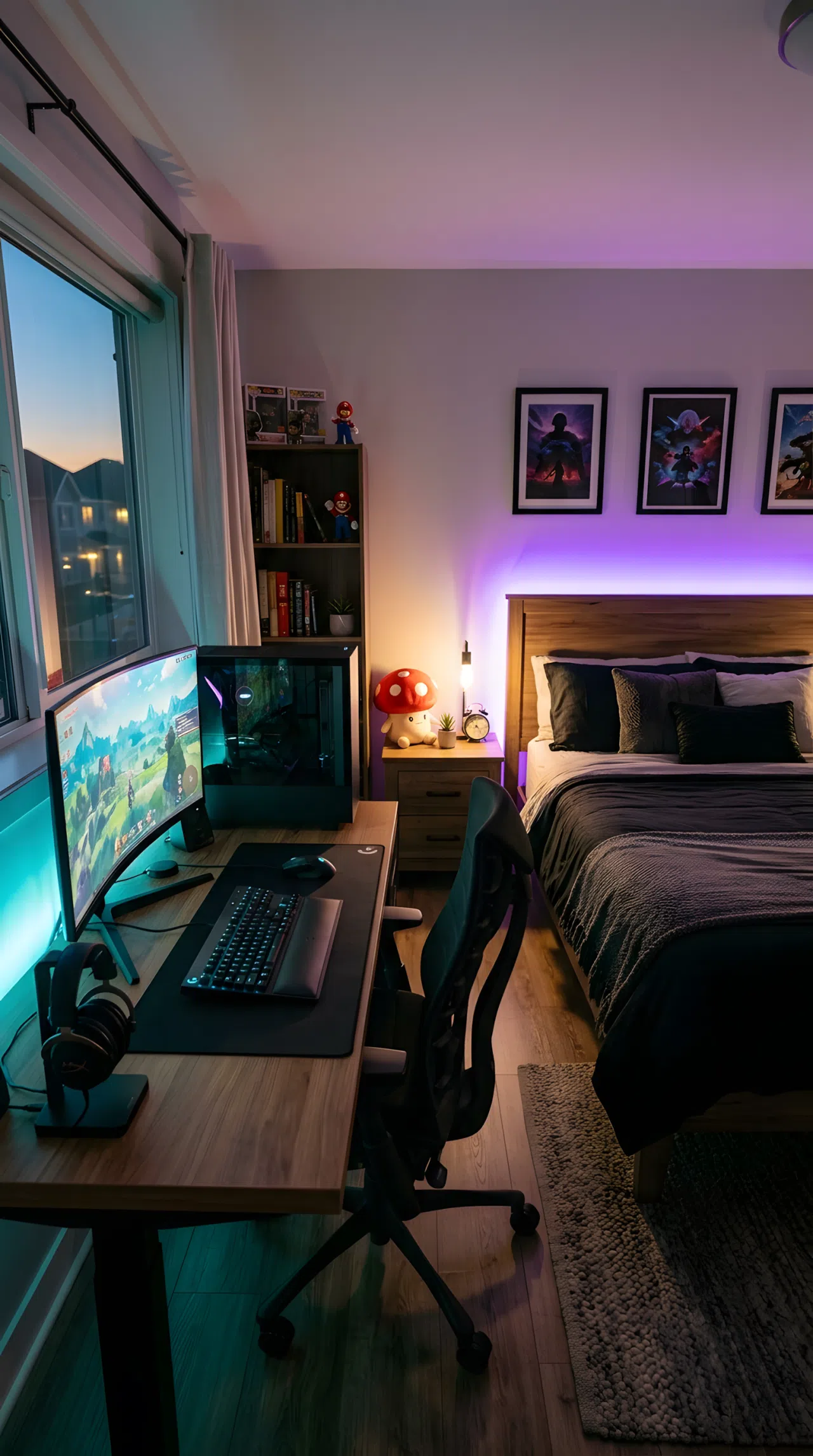 A real-life photo of an organized gaming bedroom at dusk with RGB LED strip lighting placed behind the headboard casting a soft purple glow RGB(138,43,226) and behind the desk casting a soft teal glow RGB(0,206,209), neatly made bed, small red mushroom toy plush on the nightstand, clean desk setup, beautifully arranged, real stock photography style, no illustration, no 3D render