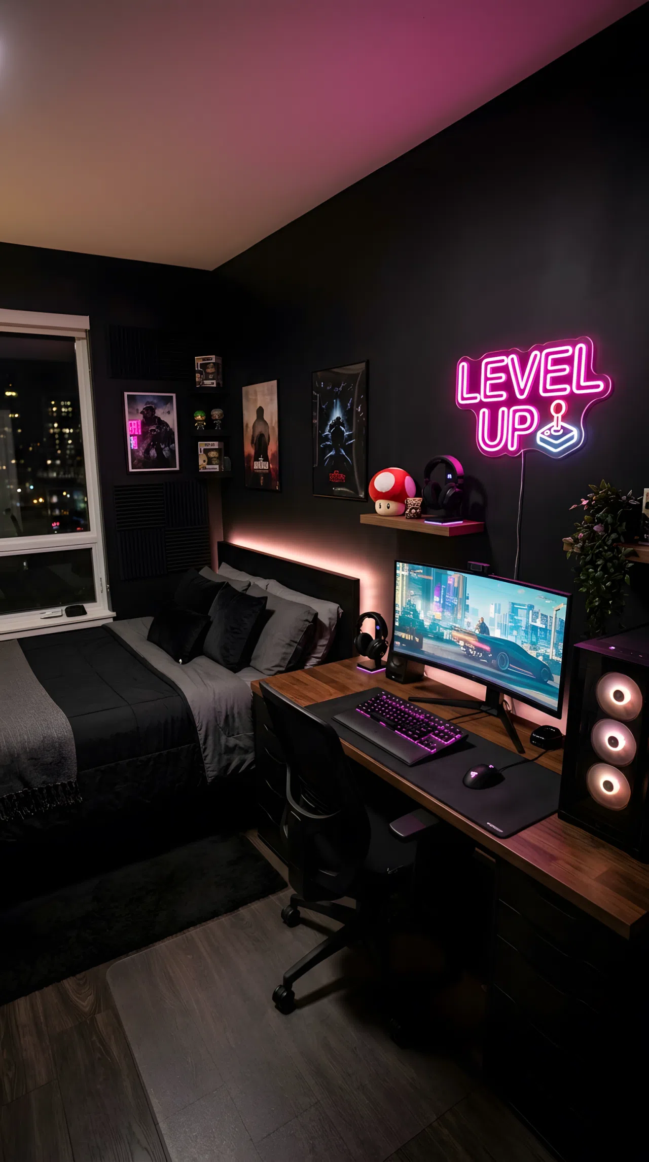 A real-life photo of a clean dark themed gaming bedroom with matte black walls, a small neon sign glowing pink RGB(255,20,147) mounted above the desk, organized gaming setup, neatly made bed, small red mushroom toy plush on the desk shelf, bright accent lighting, beautifully arranged, real stock photography style, no illustration, no 3D render
