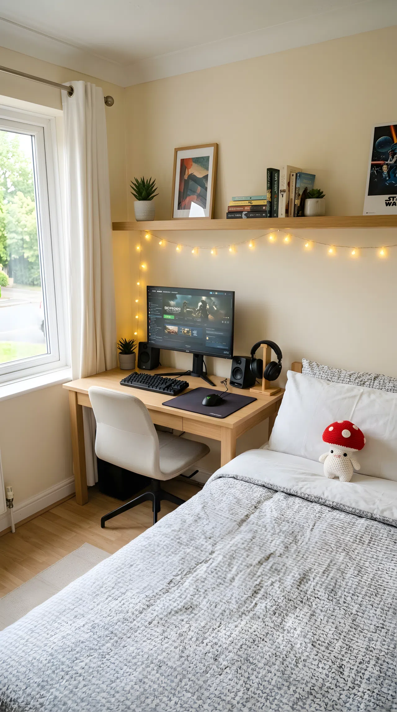 A real-life photo of a simple budget gaming bedroom with an affordable wooden desk, one string of warm LED lights, organized desk with minimal gear, neatly made bed, small red mushroom toy plush on the pillow, clean and tidy room, bright natural light, beautifully arranged, real stock photography style, no illustration, no 3D render
