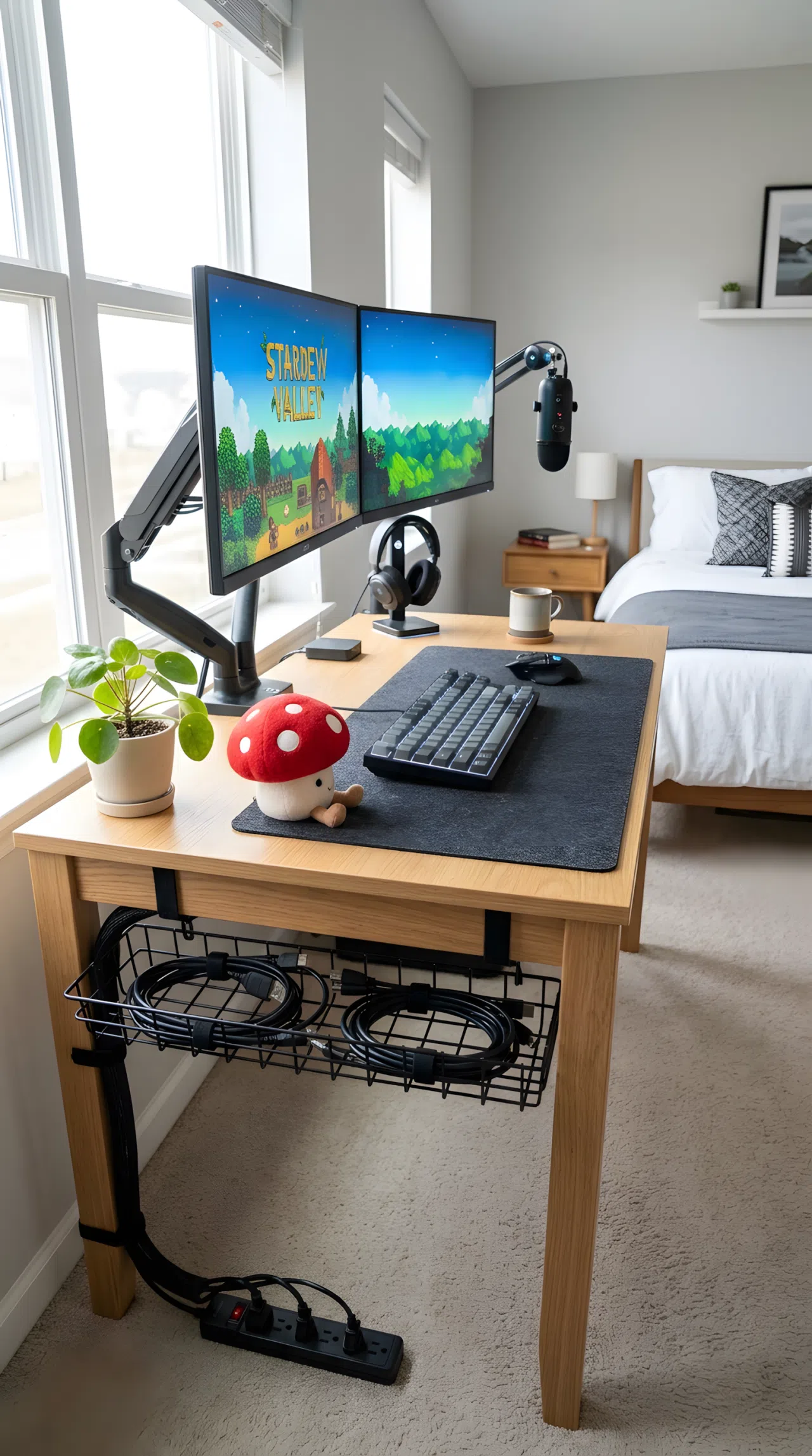 A real-life photo of an organized gaming desk setup with hidden cable management tray underneath, neatly bundled cords, clean desk surface, monitors and keyboard arranged tidily, small red mushroom toy plush sitting beside the keyboard, neatly made bed in the background, bright natural light, beautifully arranged, real stock photography style, no illustration, no 3D render