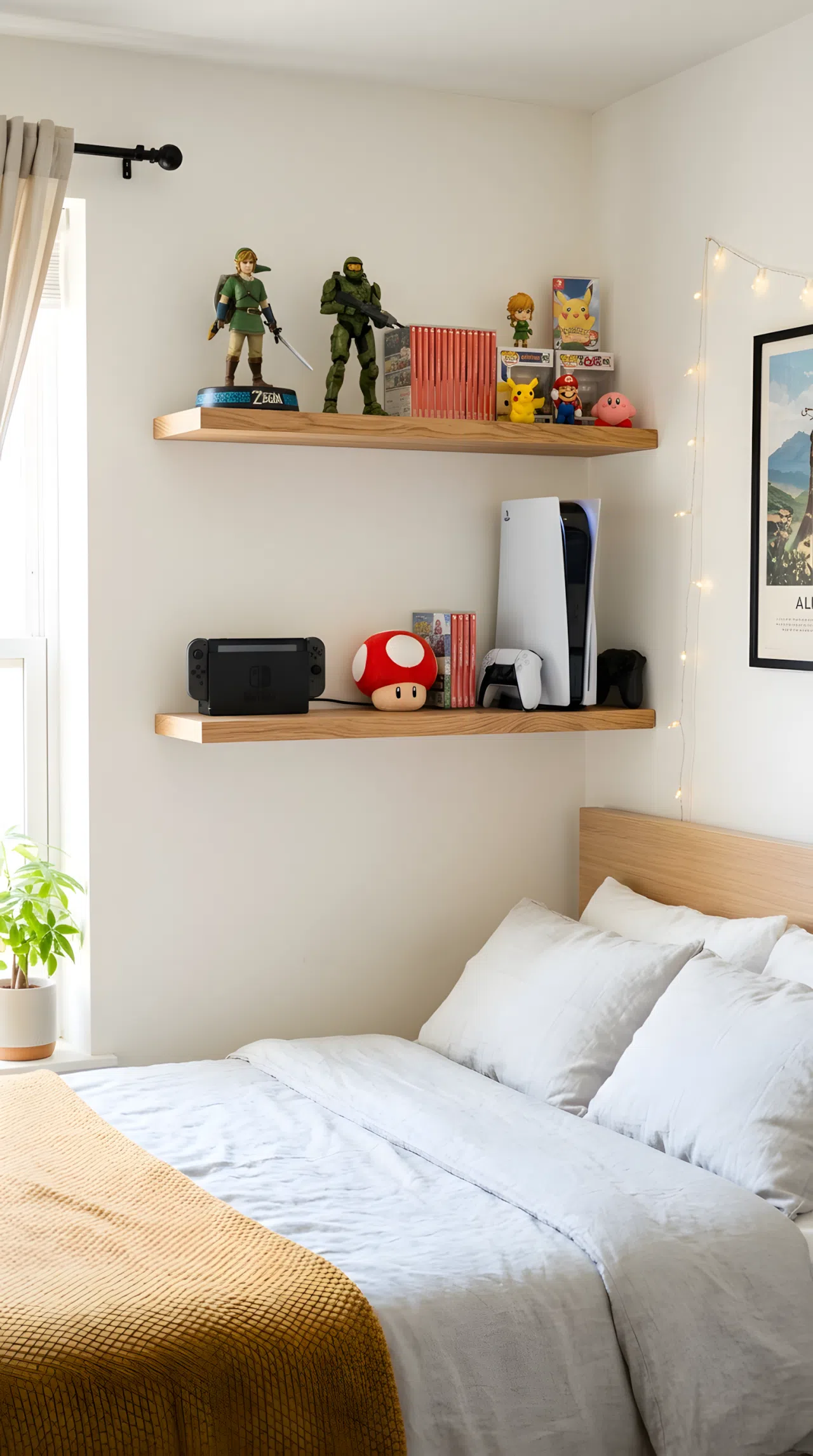 A real-life photo of a clean bedroom wall with floating wooden shelves displaying organized gaming consoles and collectible figures, neatly arranged, small red mushroom toy plush placed on one shelf, neatly made bed visible below, bright natural light, beautifully arranged, real stock photography style, no illustration, no 3D render