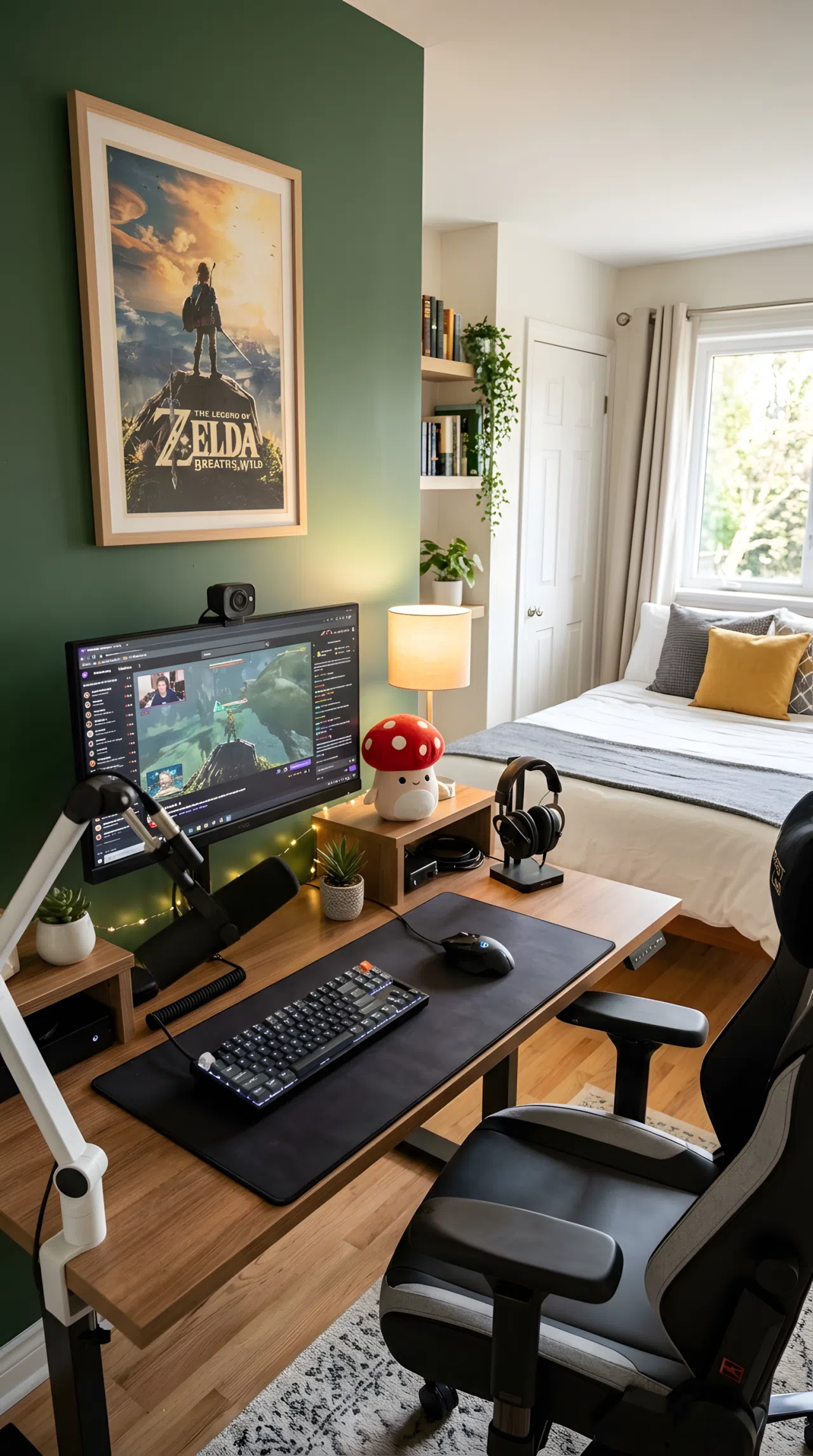 A real-life photo of a streaming setup gaming bedroom with a clean accent wall behind the desk, one framed poster, soft ambient lighting, organized desk with webcam and monitor, small red mushroom toy plush on the desk shelf, neatly made bed in the background, bright natural light, beautifully arranged, real stock photography style, no illustration, no 3D render