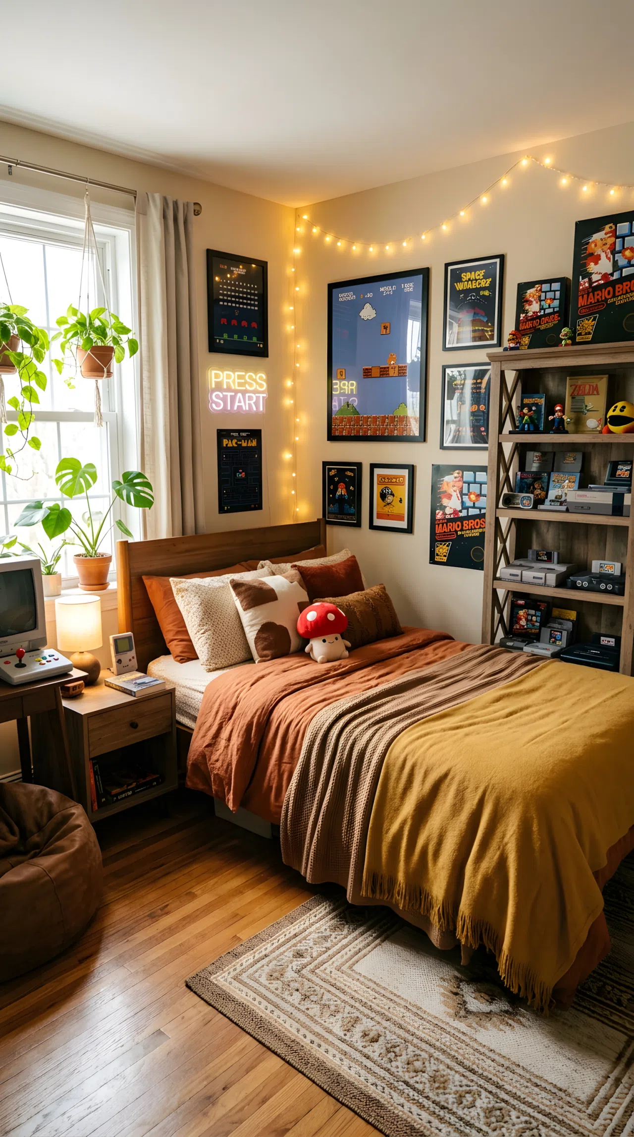 A real-life photo of a cozy retro arcade themed bedroom with warm string lights, pixel art poster on the wall, vintage console display shelf, neatly made bed with warm toned bedding, small red mushroom toy plush on the pillow, bright natural light, beautifully arranged, real stock photography style, no illustration, no 3D render