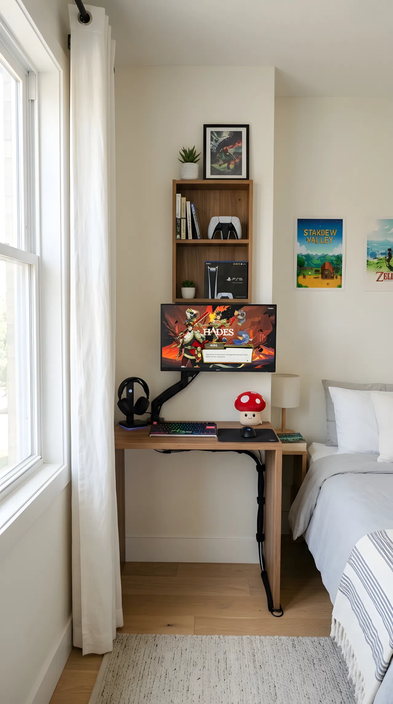 A real-life photo of a small bedroom corner converted into a compact gaming nook, slim desk with wall mounted monitor arm, narrow vertical shelf above, organized cables, neatly made bed nearby, small red mushroom toy plush on the desk, bright natural light, beautifully arranged, real stock photography style, no illustration, no 3D render