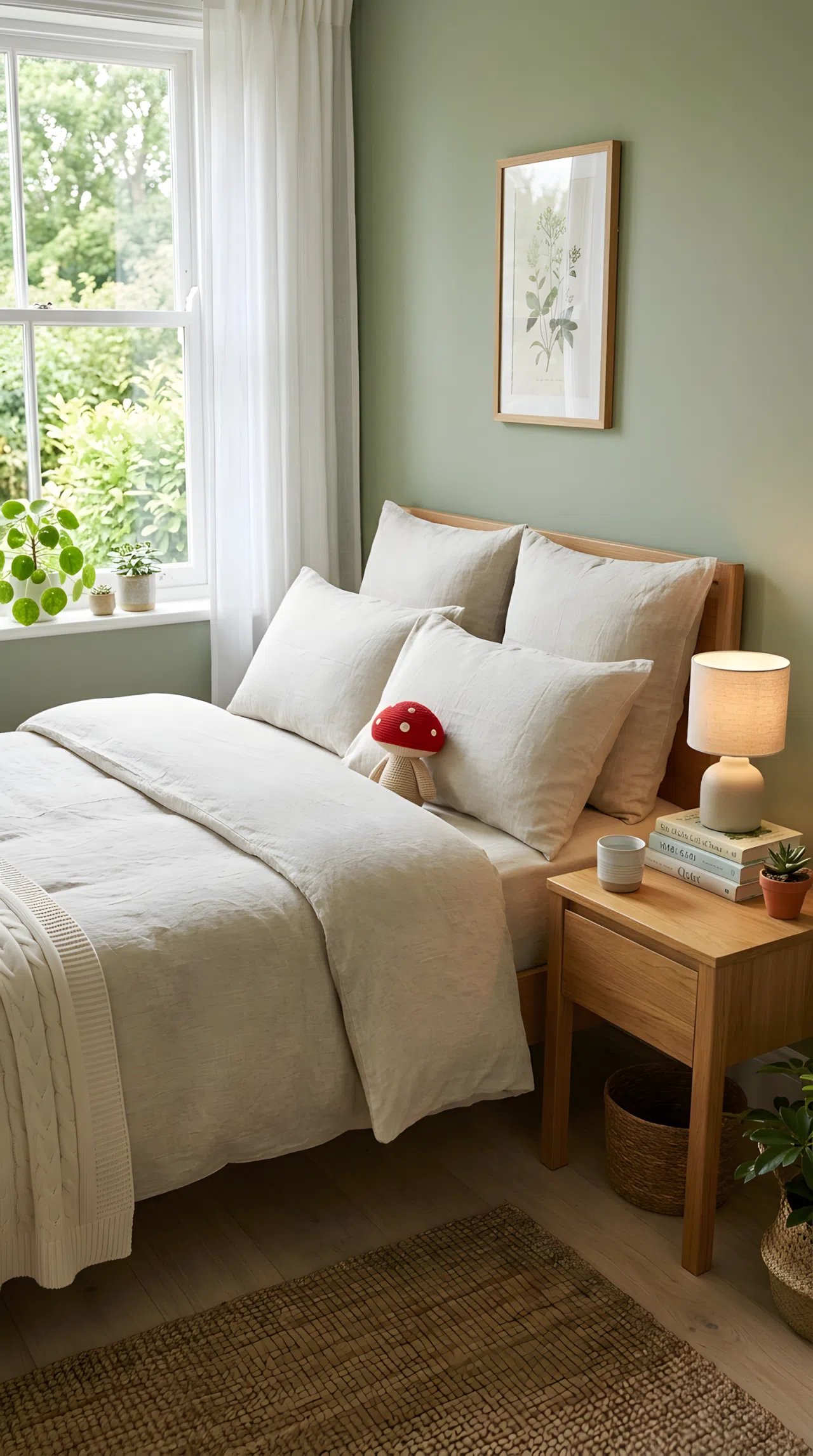 Real-life photograph of a bedroom with sage green walls (RGB 156, 175, 136), neatly made bed with linen bedding, small red mushroom toy resting on the pillow, warm wood nightstand, bright natural light from a side window, beautifully arranged, organized, clean, stock photography style, no people, no text overlays.