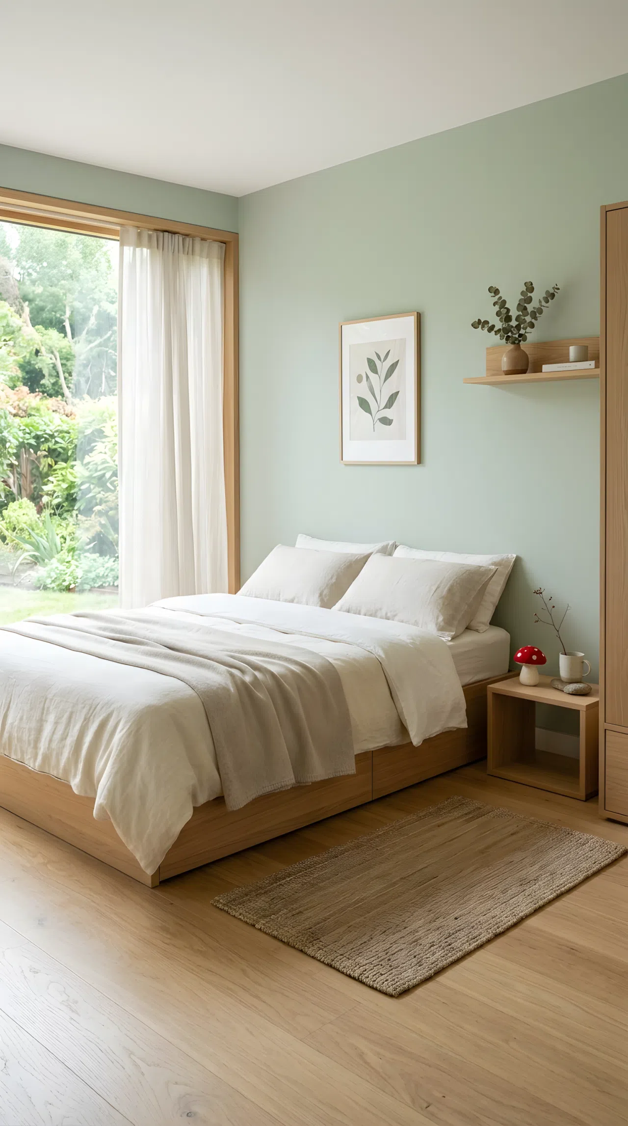 Real-life photograph of a zen-style bedroom with pale eucalyptus green walls (RGB 175, 197, 172), neatly made low platform bed, small red mushroom toy on a floor-level side table, minimal decor, soft diffused natural light, beautifully arranged, organized, clean, stock photography style, no people, no text overlays.