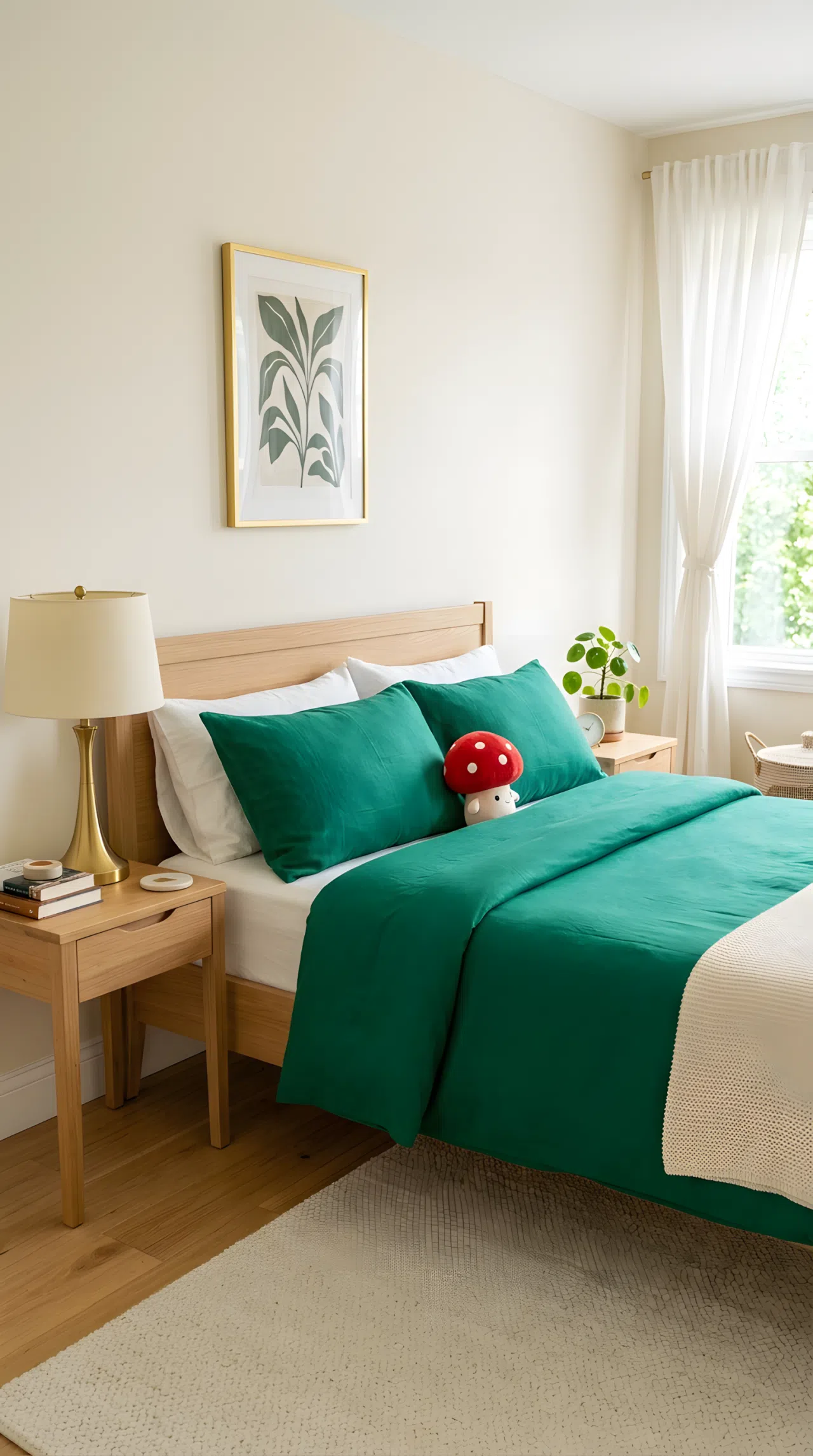Real-life photograph of a zen-style bedroom with pale eucalyptus green walls (RGB 175, 197, 172), neatly made low platform bed, small red mushroom toy on a floor-level side table, minimal decor, soft diffused natural light, beautifully arranged, organized, clean, stock photography style, no people, no text overlays.