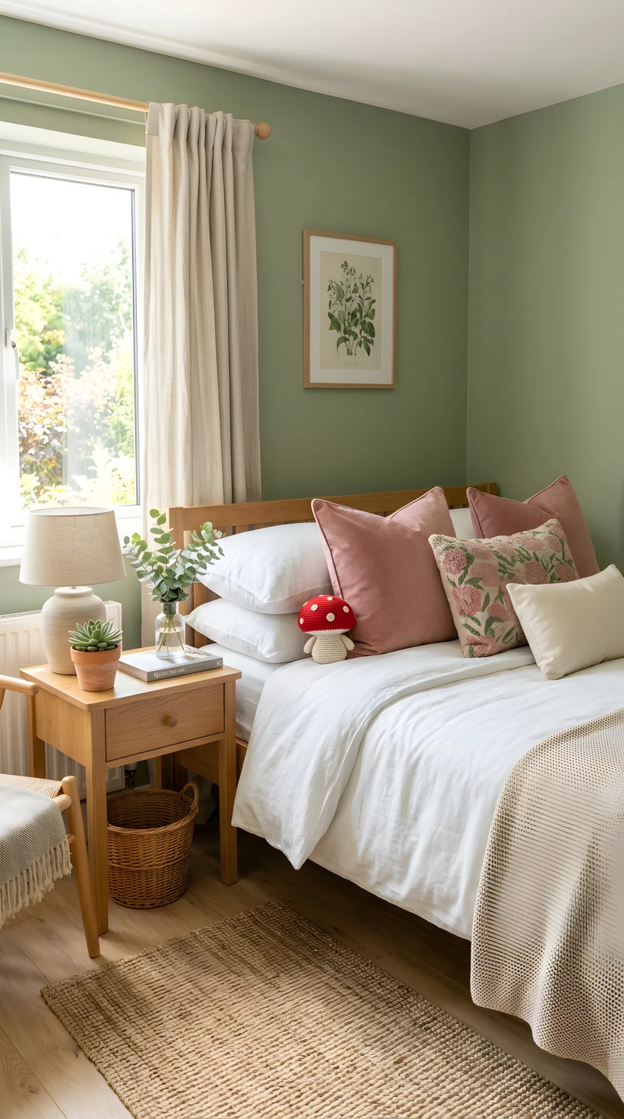 Real-life photograph of a bedroom with sage green walls (RGB 156, 175, 136) and dusty rose pink cushions (RGB 213, 161, 161), neatly made bed, small red mushroom toy on the bed, bright natural light, beautifully arranged, organized, clean, vibrant colors, stock photography style, no people, no text overlays.
