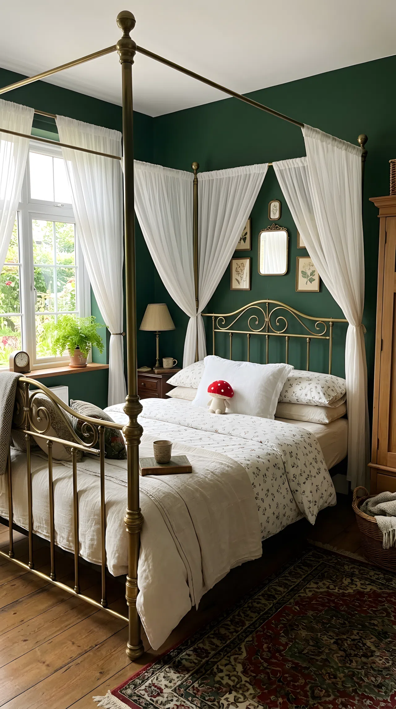Real-life photograph of a vintage bedroom with deep green wall (RGB 30, 66, 45) and an antique brass canopy bed frame, neatly made bed, small red mushroom toy on the pillow, sheer curtains, bright natural light, beautifully arranged, organized, clean, stock photography style, no people, no text overlays.