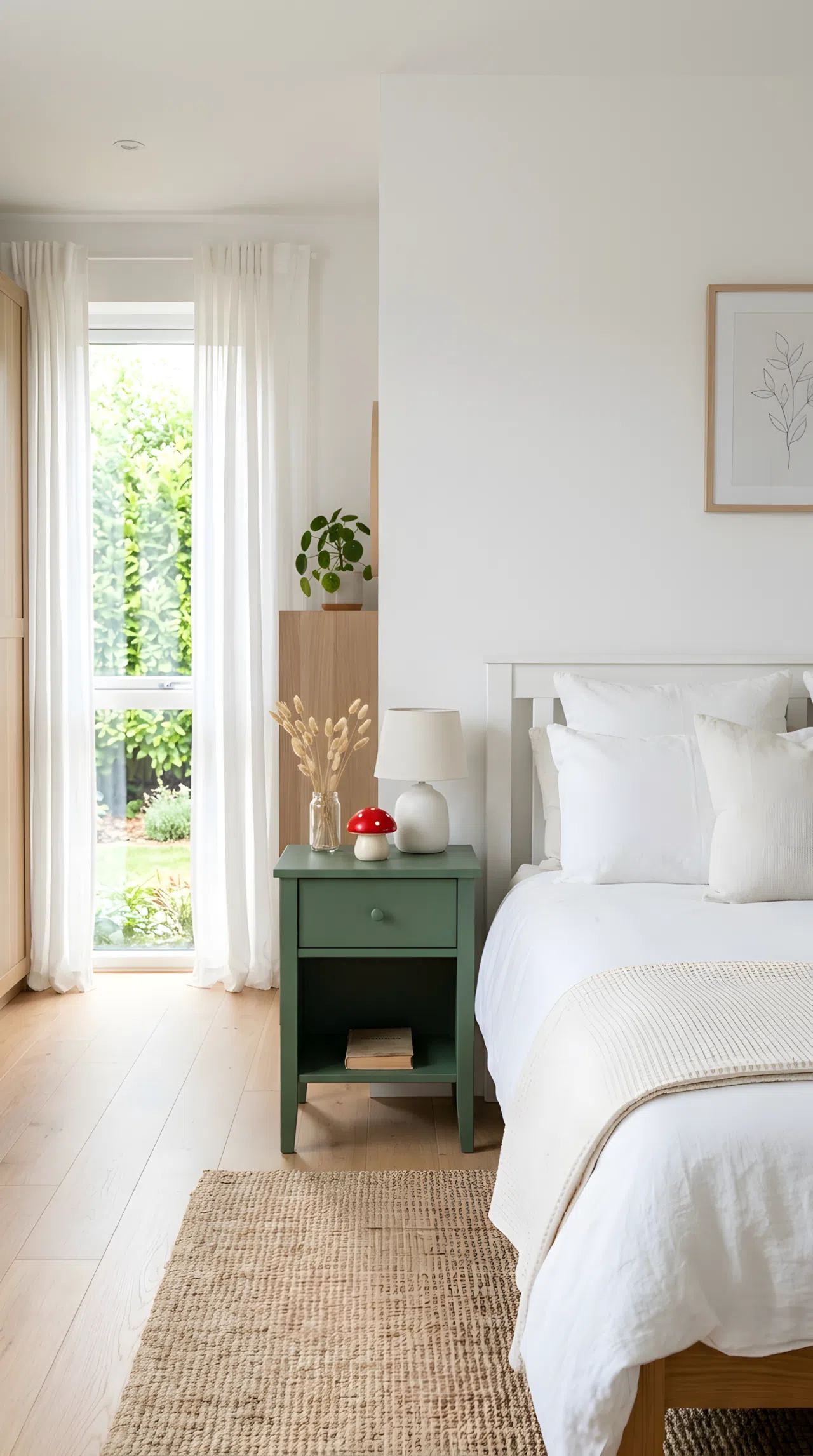 Real-life photograph of a neutral white bedroom with a single matte green nightstand (RGB 76, 112, 84) beside a neatly made bed, small red mushroom toy on top of the nightstand, bright natural light, beautifully arranged, organized, clean, stock photography style, no people, no text overlays.