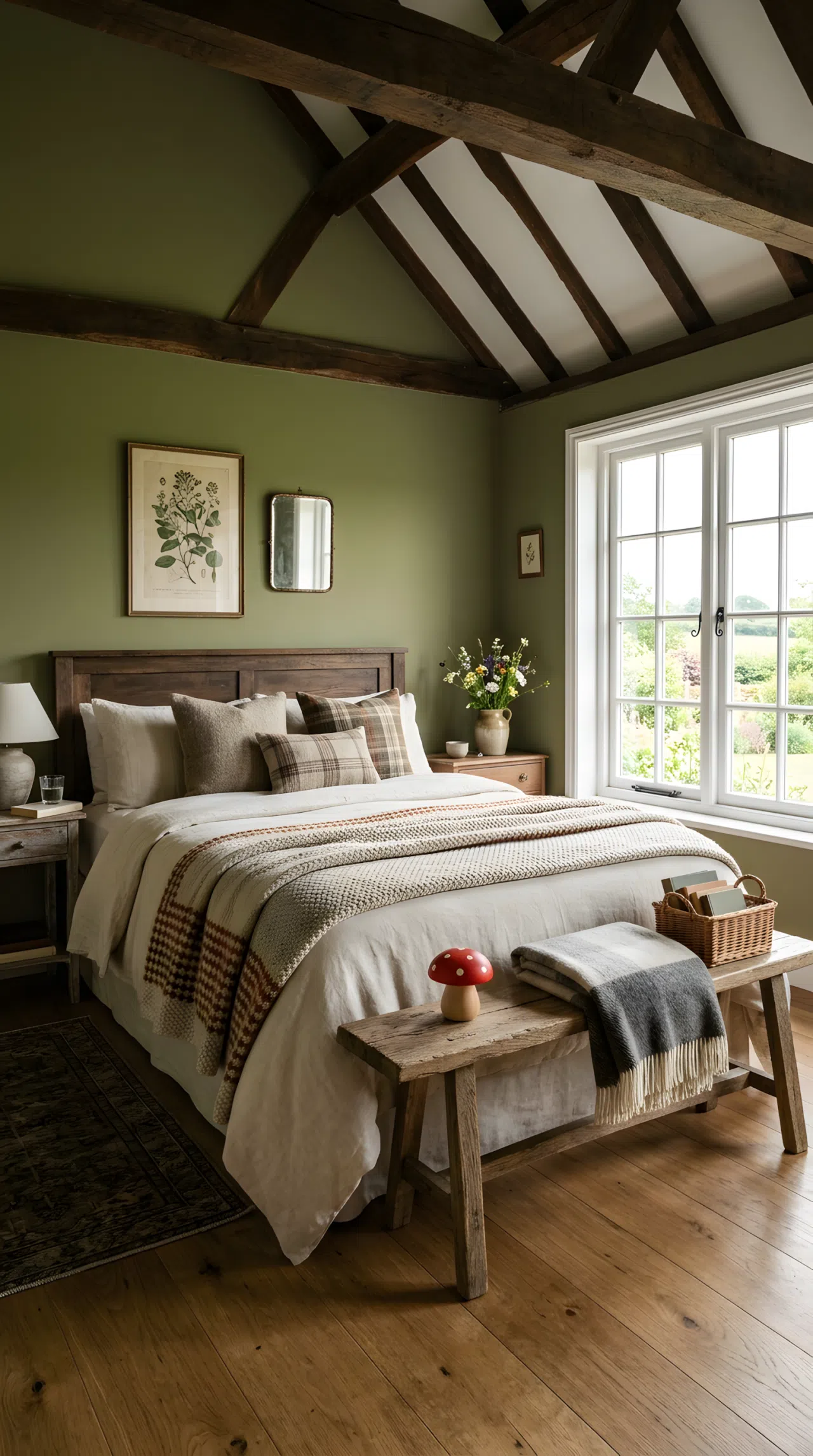 Real-life photograph of a farmhouse bedroom with olive green walls (RGB 107, 120, 76), neatly made bed with woven textiles, small red mushroom toy on a distressed wood bench, exposed wood beams, bright natural light, beautifully arranged, organized, clean, stock photography style, no people, no text overlays.