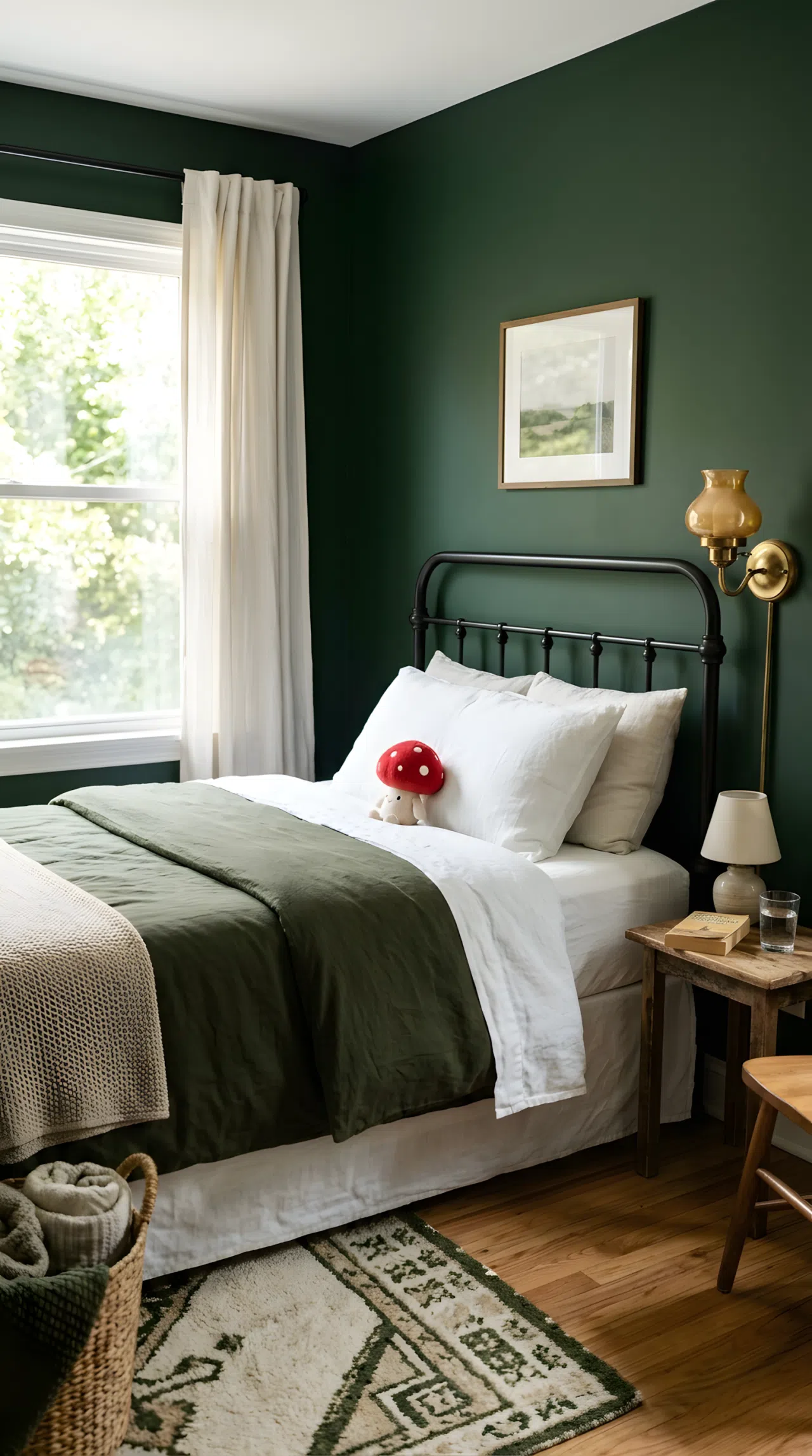 Real-life photograph of a bedroom with deep forest green walls (RGB 20, 51, 35), neatly made bed with black metal bed frame, small red mushroom toy on the pillow, brass wall sconce, bright natural light, beautifully arranged, organized, clean, stock photography style, no people, no text overlays.