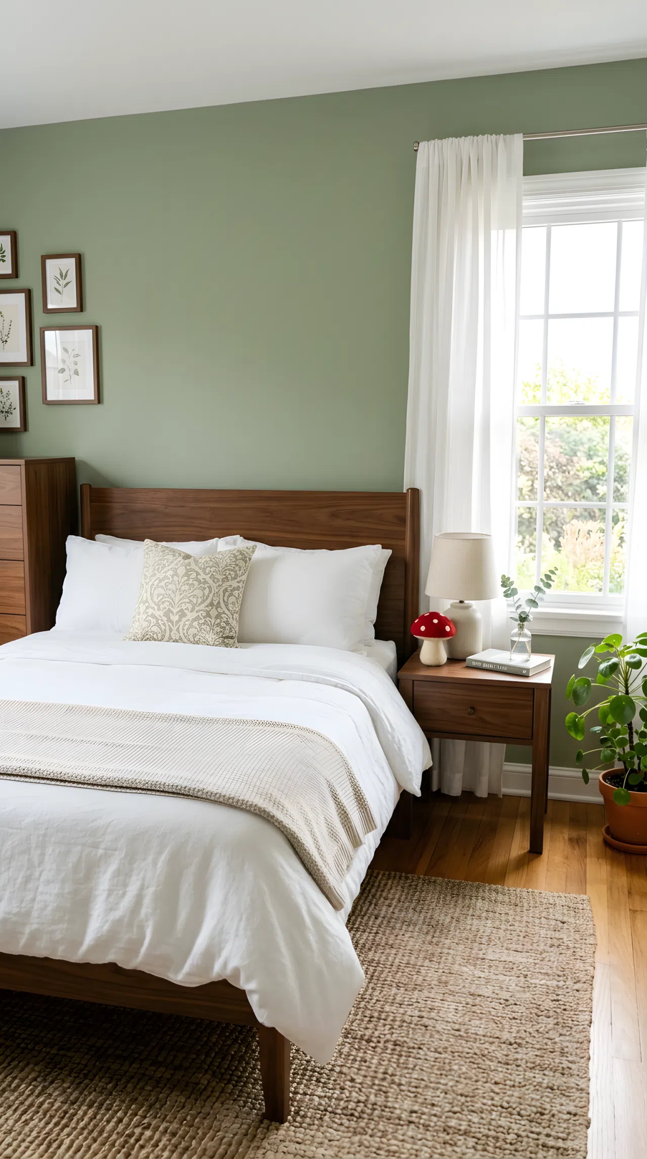Real-life photograph of a bedroom with sage green walls (RGB 148, 168, 130) and walnut wood furniture, neatly made bed, small red mushroom toy on the walnut nightstand, bright natural light, beautifully arranged, organized, clean, stock photography style, no people, no text overlays.