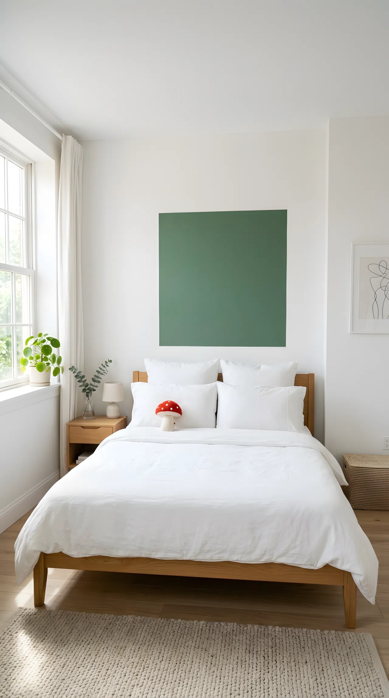 Real-life photograph of a minimalist bedroom with a square green paint block (RGB 90, 130, 100) behind a neatly made white bed, small red mushroom toy on the pillow, white walls elsewhere, bright natural light, beautifully arranged, organized, clean, stock photography style, no people, no text overlays.