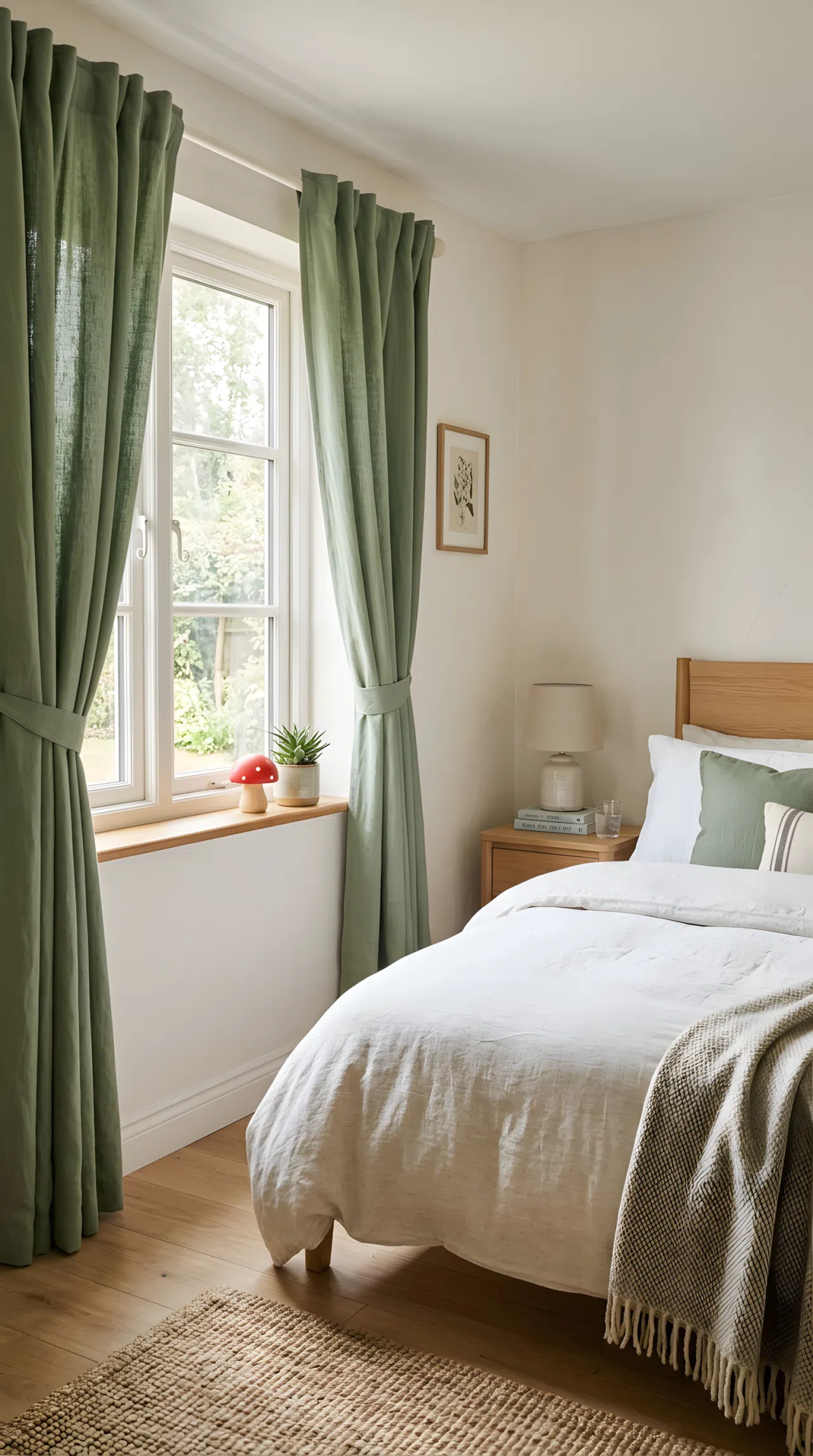 Real-life photograph of a bedroom with linen green curtains (RGB 133, 156, 120) framing a window, neatly made bed nearby, small red mushroom toy on the windowsill, soft filtered natural light, beautifully arranged, organized, clean, stock photography style, no people, no text overlays.