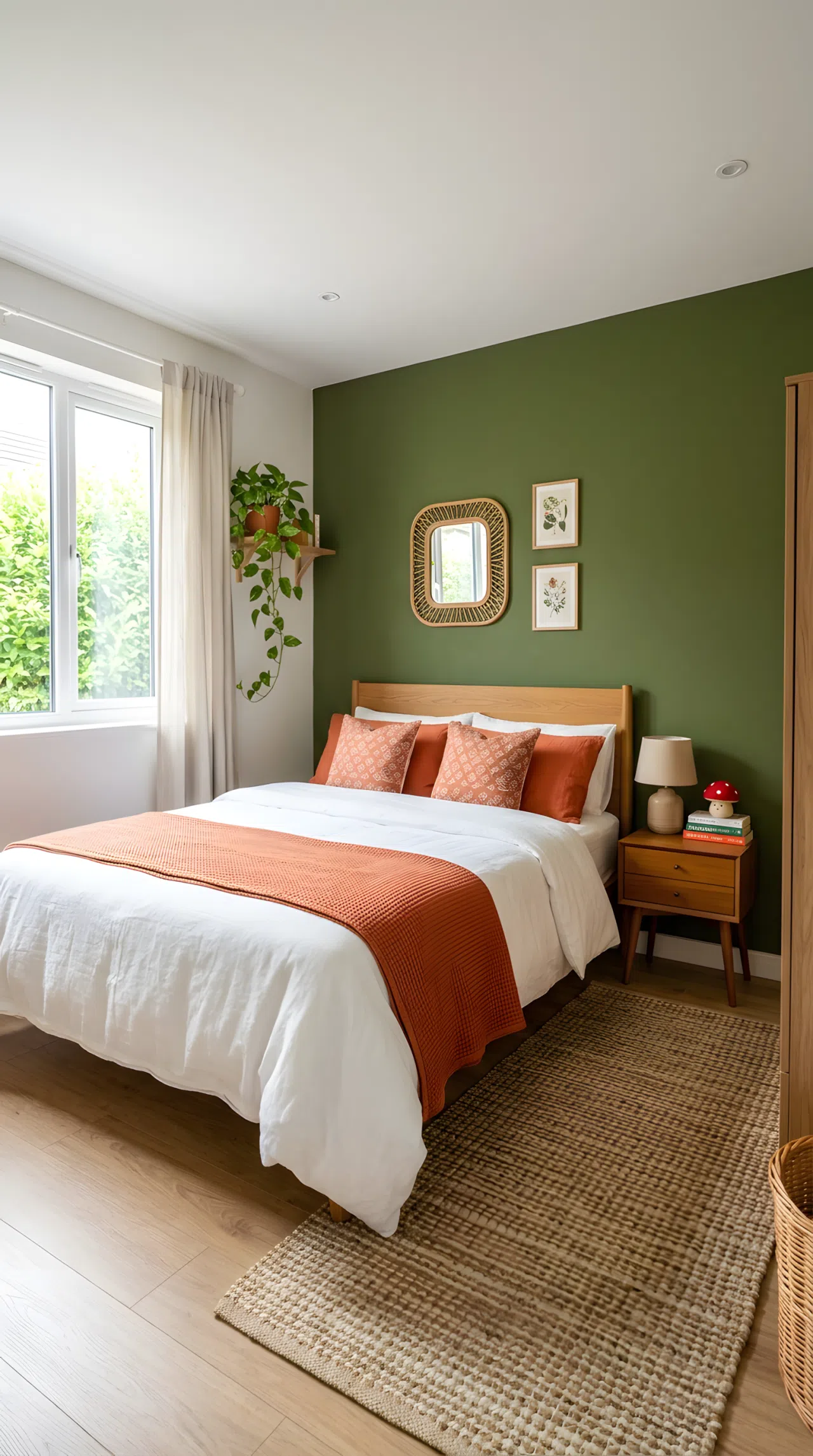 Real-life photograph of a bedroom with olive green wall (RGB 85, 107, 47) and terracotta orange accent textiles (RGB 204, 108, 78), neatly made bed, small red mushroom toy on the nightstand, woven rug, bright natural light, beautifully arranged, organized, clean, vibrant colors, stock photography style, no people, no text overlays.