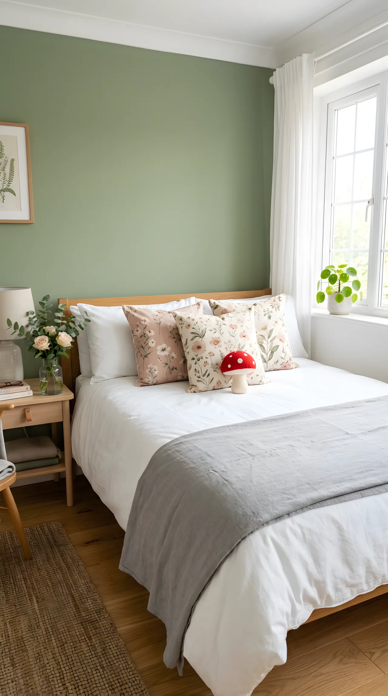 Real-life photograph of a romantic bedroom with sage green wall (RGB 158, 178, 142) and floral print cushions in blush tones, neatly made bed, small red mushroom toy on the pillow, bright natural light, beautifully arranged, organized, clean, vibrant colors, stock photography style, no people, no text overlays.