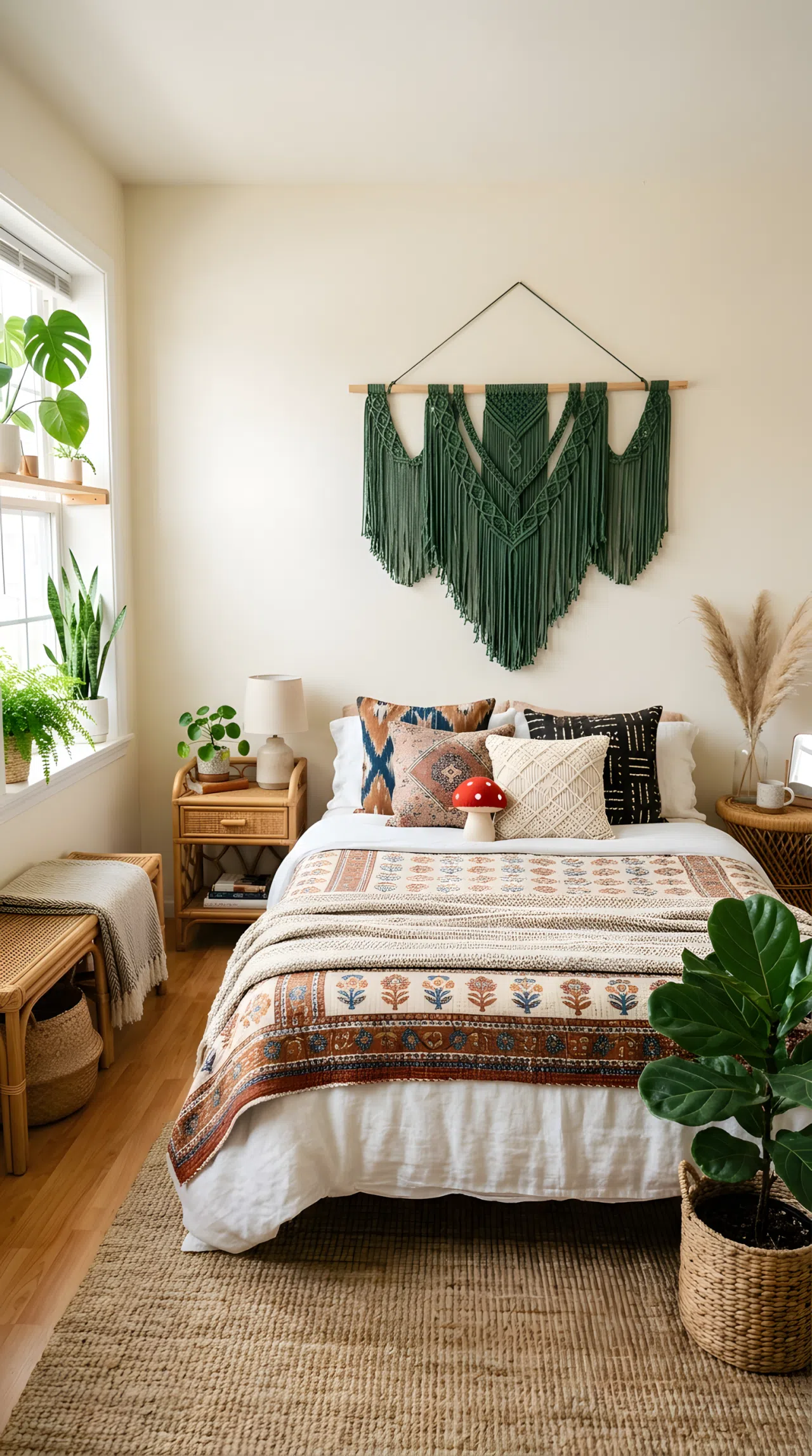 Real-life photograph of a boho bedroom with deep green macrame wall hanging, neatly made bed with layered patterned textiles, small red mushroom toy tucked among the pillows, rattan furniture accents, bright natural light, beautifully arranged, organized, clean, stock photography style, no people, no text overlays.