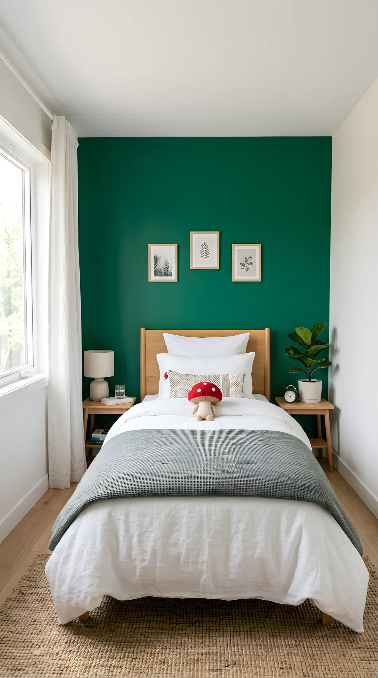 Real-life photograph of a bedroom with a single emerald green accent wall (RGB 0, 90, 65) behind a neatly made bed, small red mushroom toy on the bed, neutral white walls on remaining sides, bright natural light, beautifully arranged, organized, clean, stock photography style, no people, no text overlays.