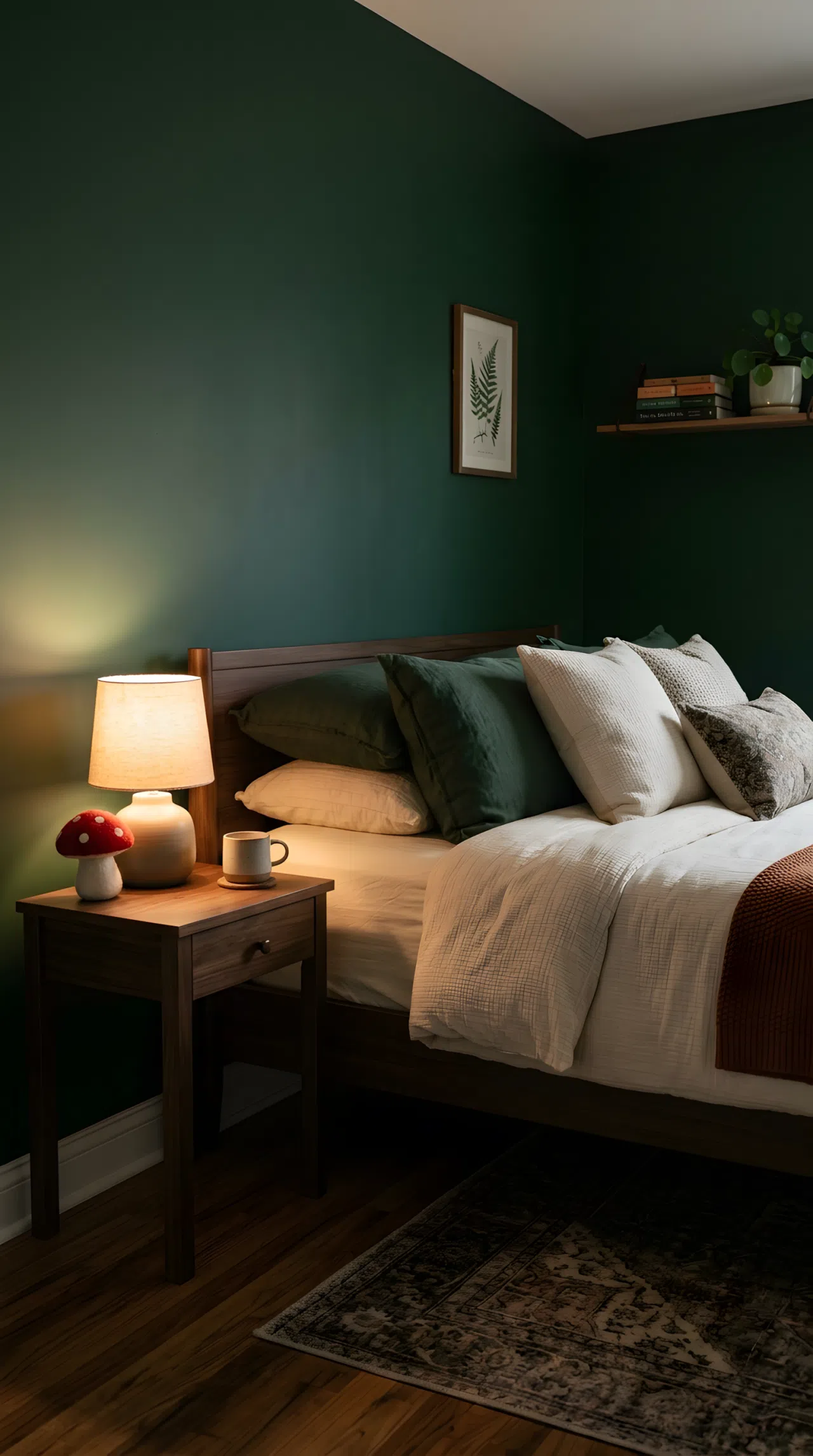 Real-life photograph of a cozy dark green bedroom (RGB 34, 68, 51) with a warm-toned lamp placed low beside a neatly made bed, soft pooled lighting across the pillows, small red mushroom toy on the nightstand, beautifully arranged, organized, clean, stock photography style, no people, no text overlays.
