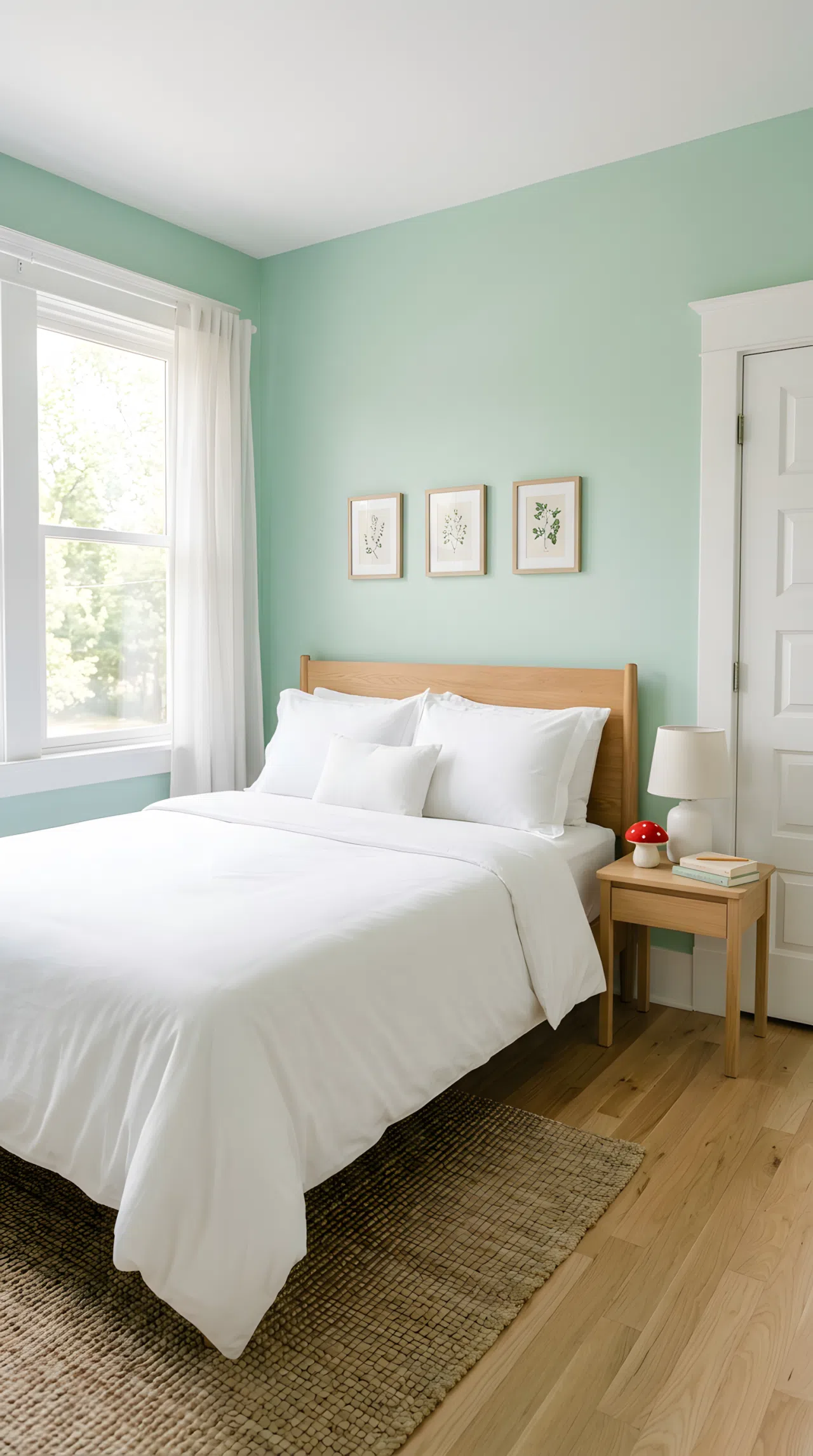 Real-life photograph of a bedroom with mint green walls (RGB 189, 224, 199), neatly made bed with white bedding, small red mushroom toy on a light oak nightstand, crisp white trim, bright natural light, beautifully arranged, organized, clean, stock photography style, no people, no text overlays.