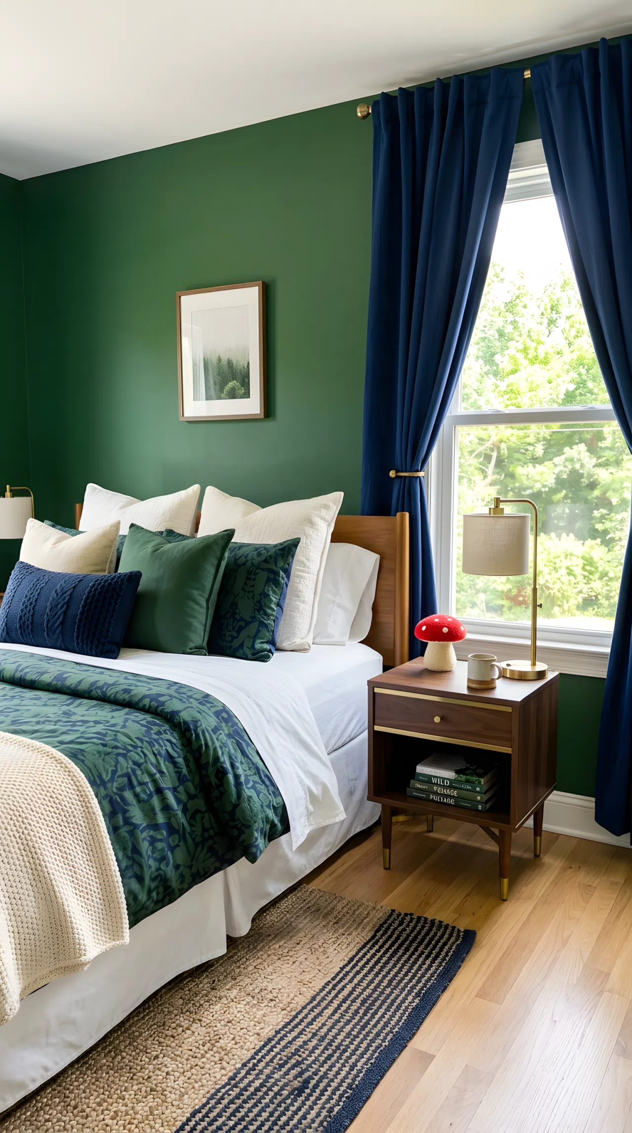 Real-life photograph of a bedroom with forest green walls (RGB 34, 85, 51) and navy blue curtains (RGB 25, 42, 86), neatly made bed, small red mushroom toy on a brass-accented nightstand, bright natural light, beautifully arranged, organized, clean, vibrant colors, stock photography style, no people, no text overlays.