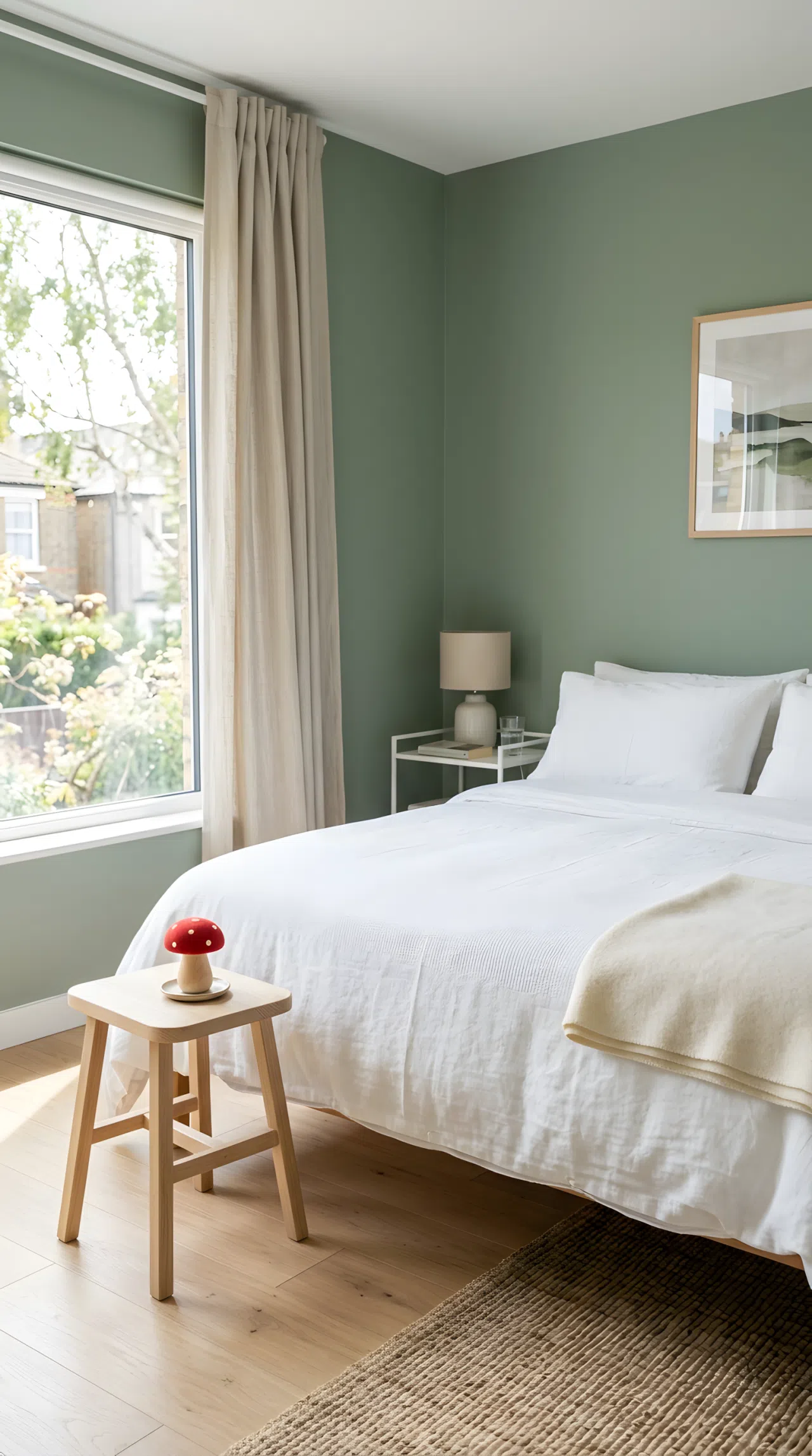 Real-life photograph of a Scandinavian bedroom with muted green wall (RGB 141, 163, 137), neatly made bed with simple white linens, small red mushroom toy on a pale wood stool, minimal furniture, bright natural light, beautifully arranged, organized, clean, stock photography style, no people, no text overlays.