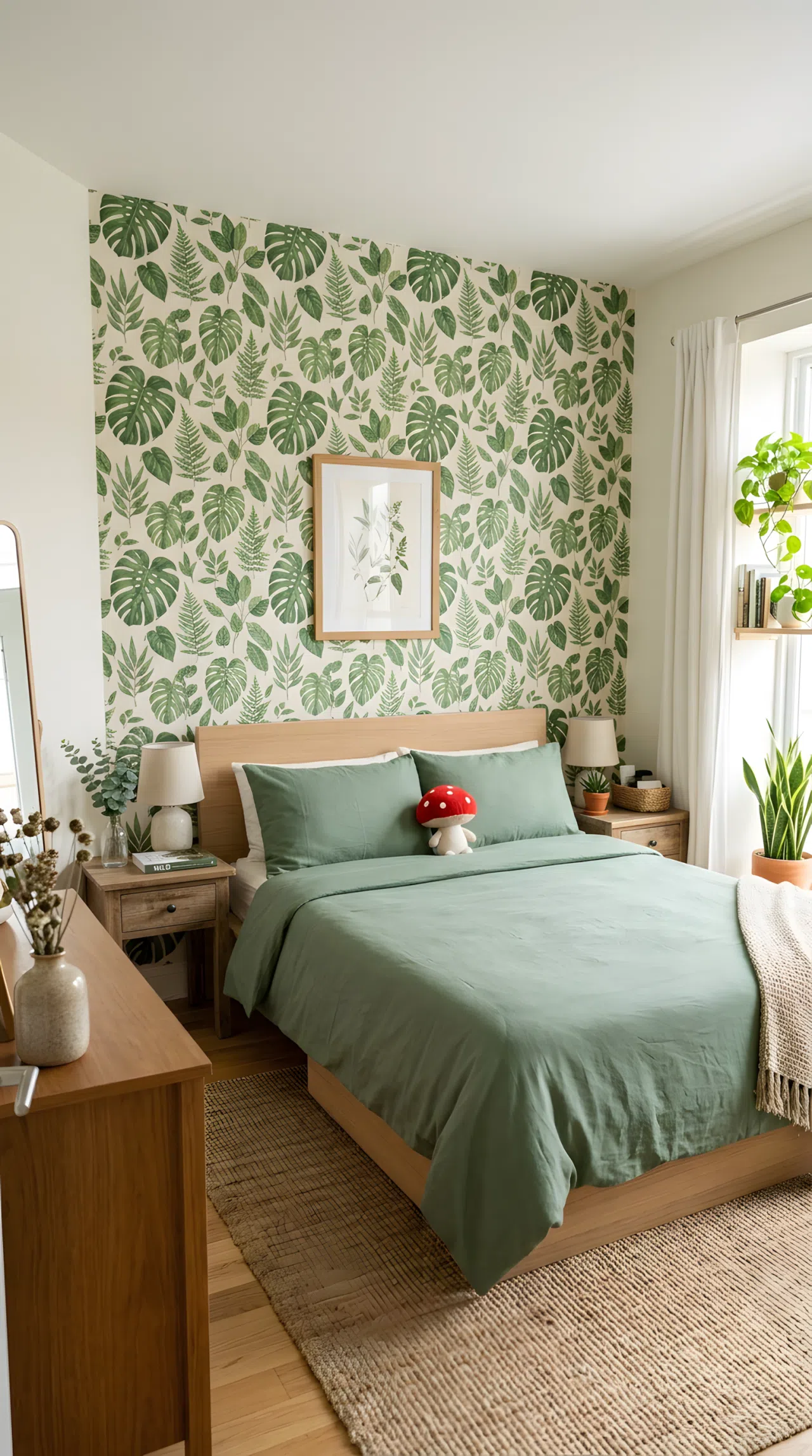 Real-life photograph of a bedroom with botanical leaf print green wallpaper on one wall, neatly made bed with solid sage bedding, small red mushroom toy on the pillow, bright natural light, beautifully arranged, organized, clean, stock photography style, no people, no text overlays.