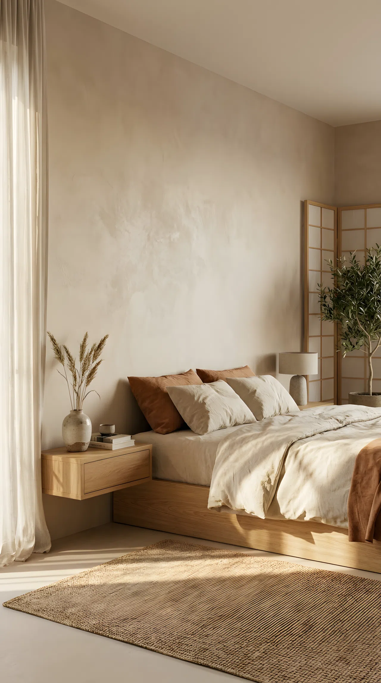 Real-life photograph of a Japandi style bedroom, textured plaster wall in soft beige behind a neatly made low wood bed with linen bedding, beautifully arranged nightstand with a small ceramic vase, organized and clean space, bright natural light streaming through a sheer curtain, vibrant warm tones, no people.