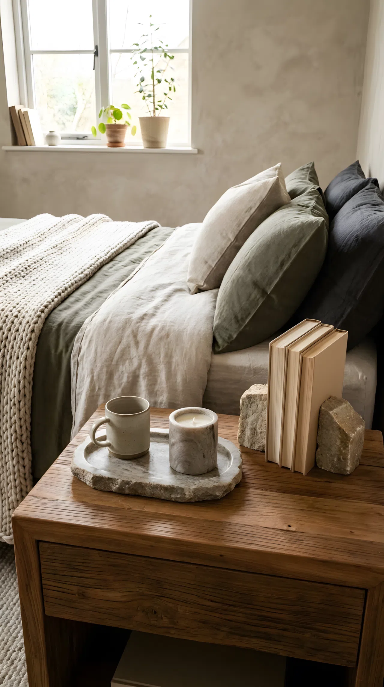 Real-life photograph of a Japandi style bedroom nightstand with a raw stone tray and small stone bookends on warm wood surface, neatly made bed in background, beautifully arranged and organized space, bright natural light, vibrant natural tones, no people.