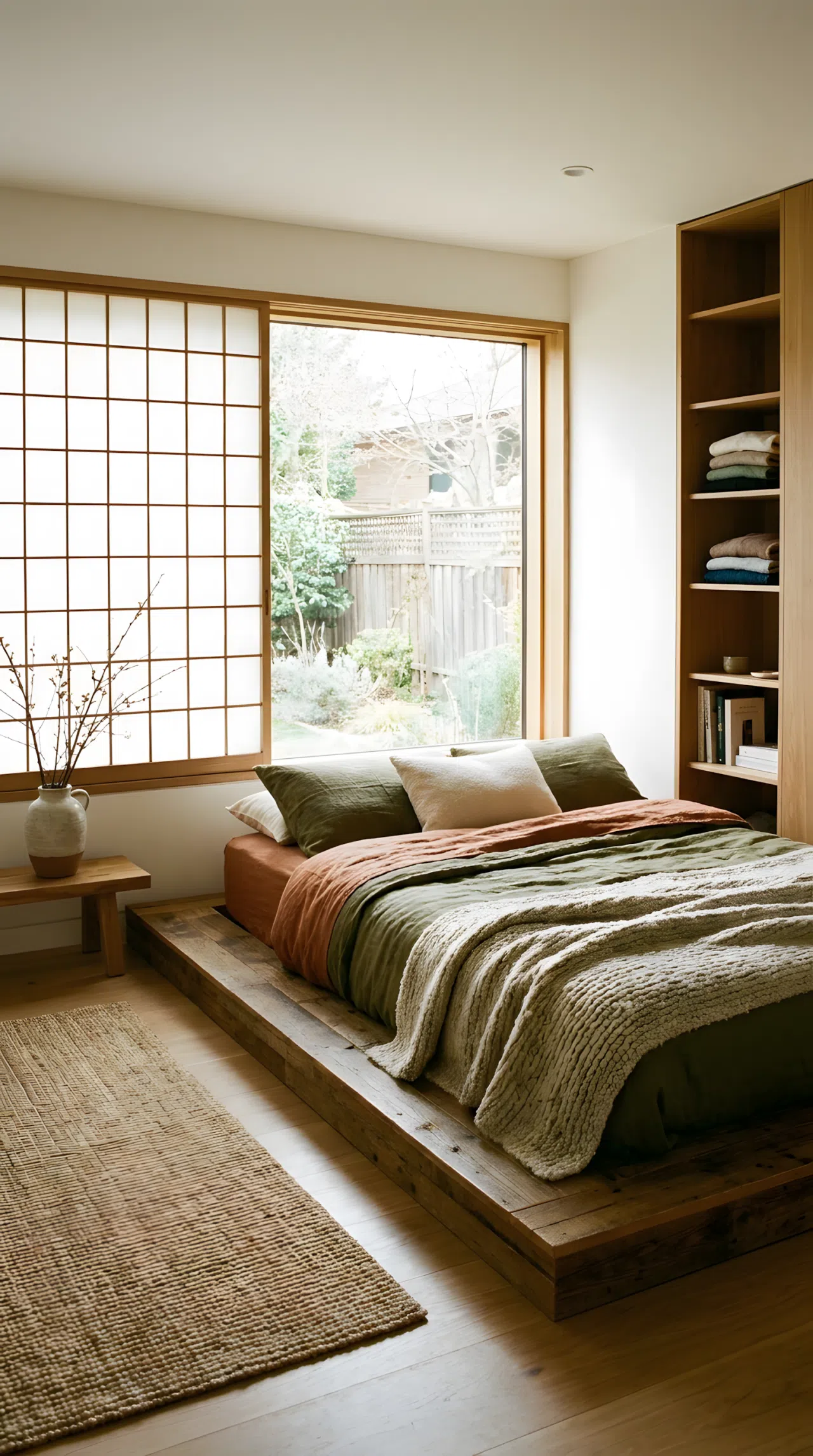 Real-life photograph of a Japandi style bedroom with a sunken futon-style bed on a low wood base, neatly made with organic cotton bedding, beautifully arranged simple room, organized and clean layout, bright natural light, vibrant natural tones, no people.