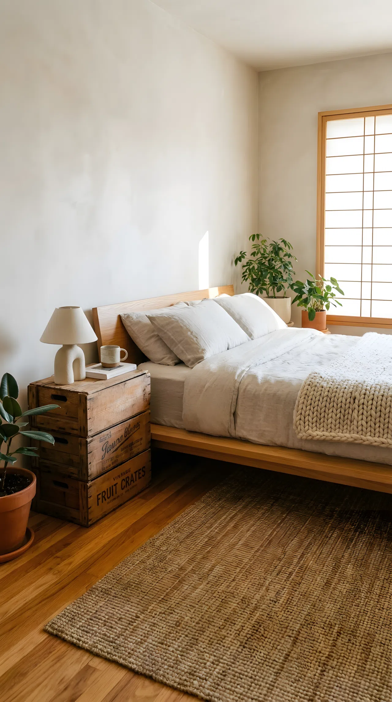 Real-life photograph of a Japandi style bedroom with a stacked wooden crate used as a nightstand beside a neatly made low bed, beautifully arranged small lamp and ceramic cup on top, organized and clean space, bright natural light, vibrant warm wood tones, no people.