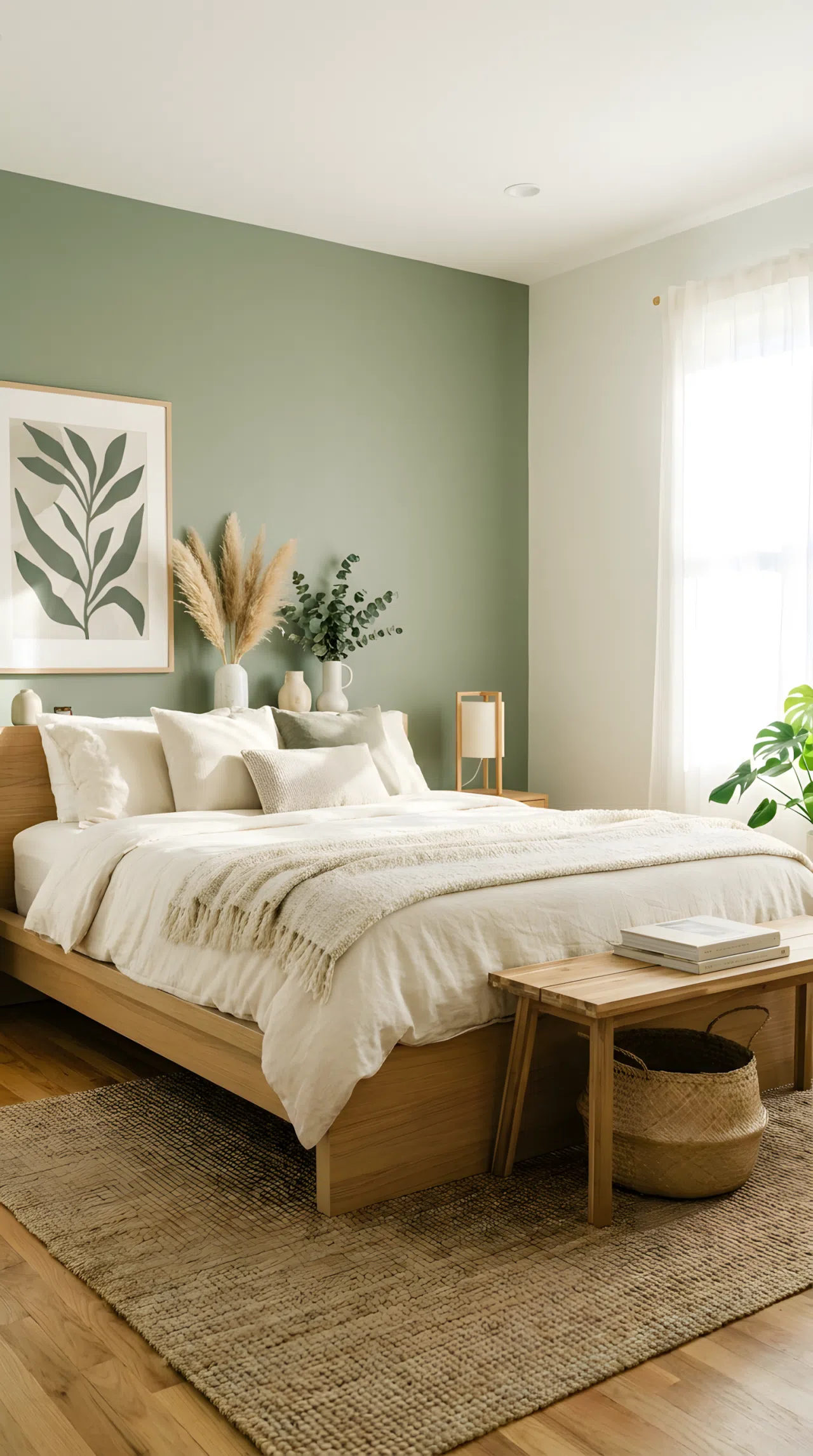 Real-life photograph of a Japandi style bedroom with a muted sage green accent wall (RGB 158, 169, 138) behind a neatly made wood bed with cream linen bedding, beautifully arranged decor, organized and clean space, bright natural light, vibrant green undertones, no people.