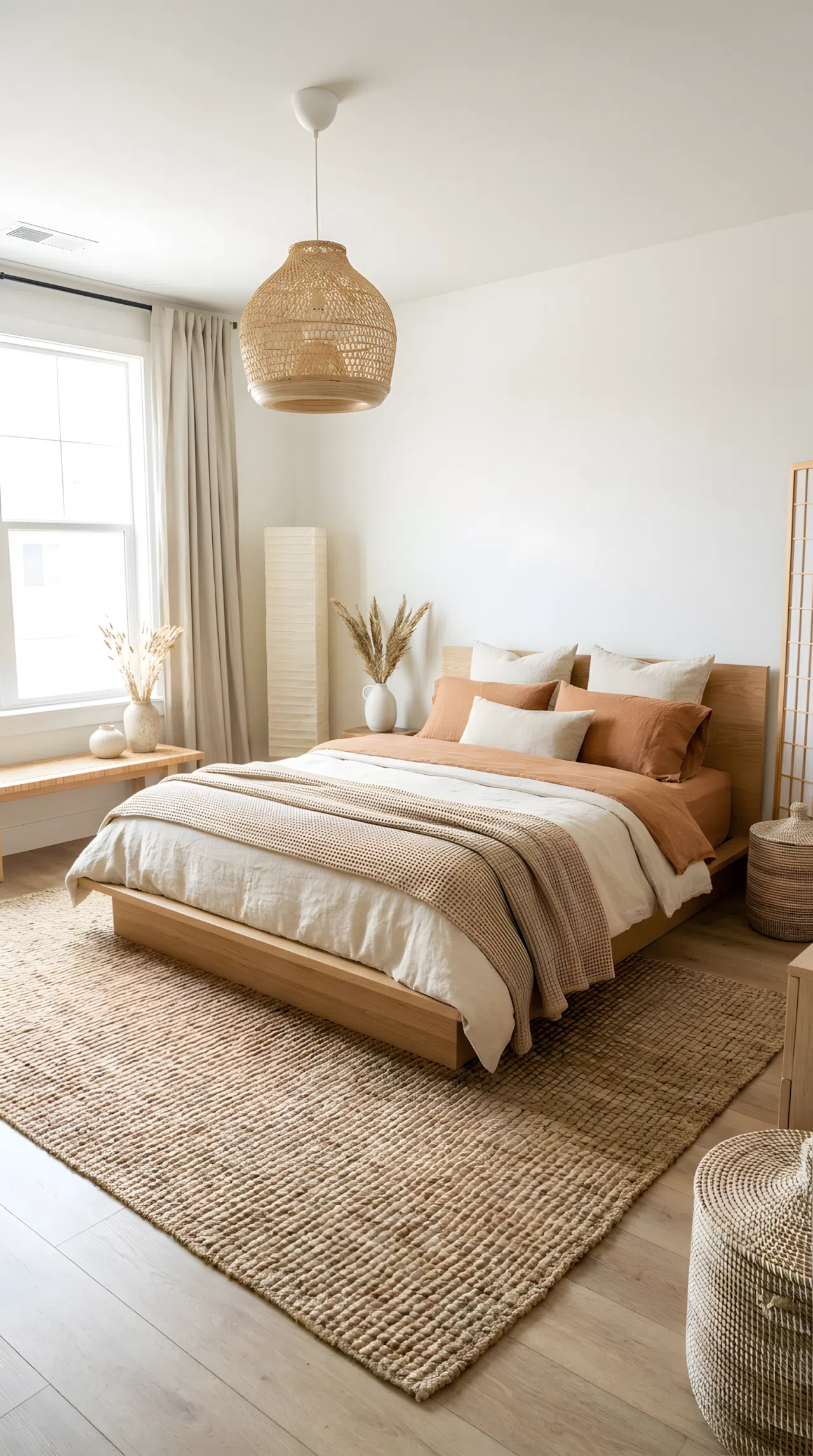 Real-life photograph of a Japandi style bedroom with a jute area rug centered under a neatly made low wood bed, beautifully arranged natural textures, organized and clean space, bright natural light, vibrant warm neutral tones, no people.