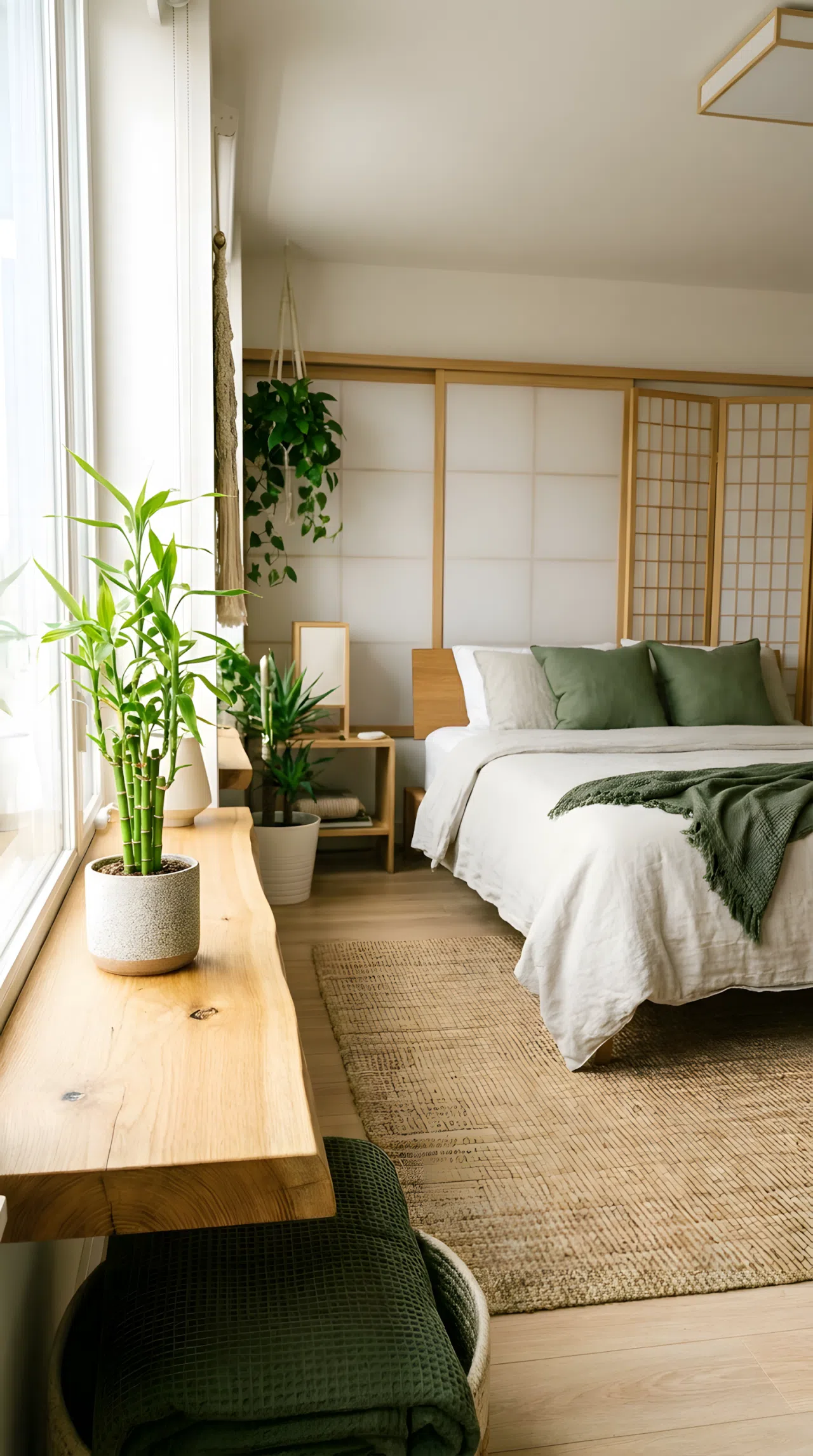 Real-life photograph of a Japandi style bedroom with a small potted bamboo plant on a wood windowsill, neatly made bed in the background, beautifully arranged and organized space, bright natural light, vibrant green accents, no people.